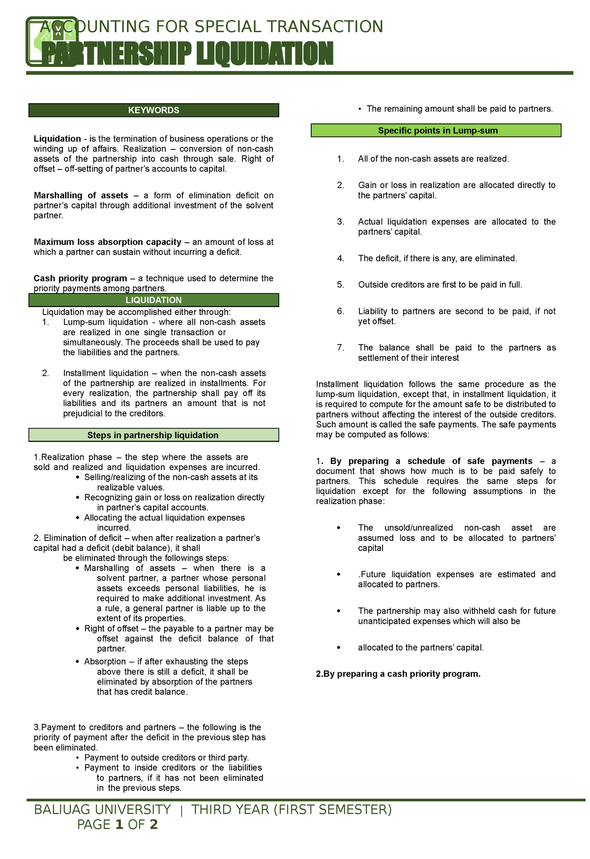 Partnership Liquidation - ACCOUNTING FOR SPECIAL TRANSACTION ...