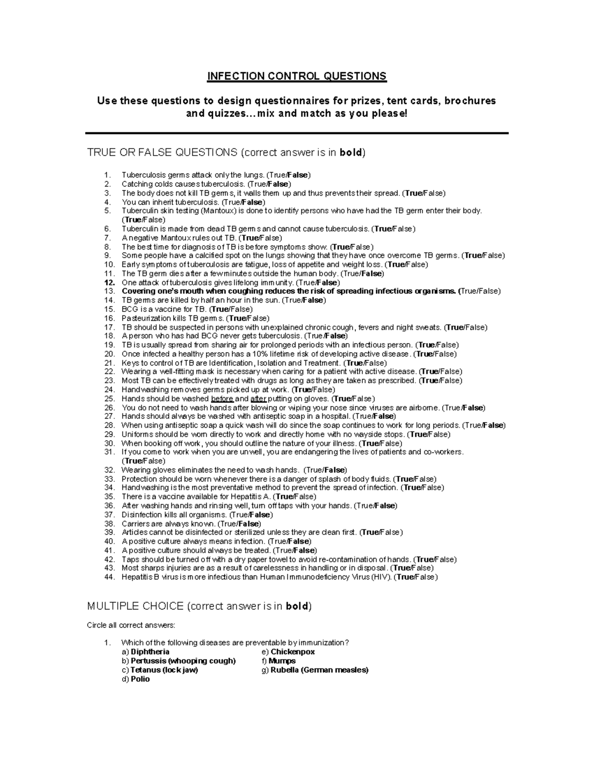 Questions E - Notes for nursing - INFECTION CONTROL QUESTIONS Use these ...