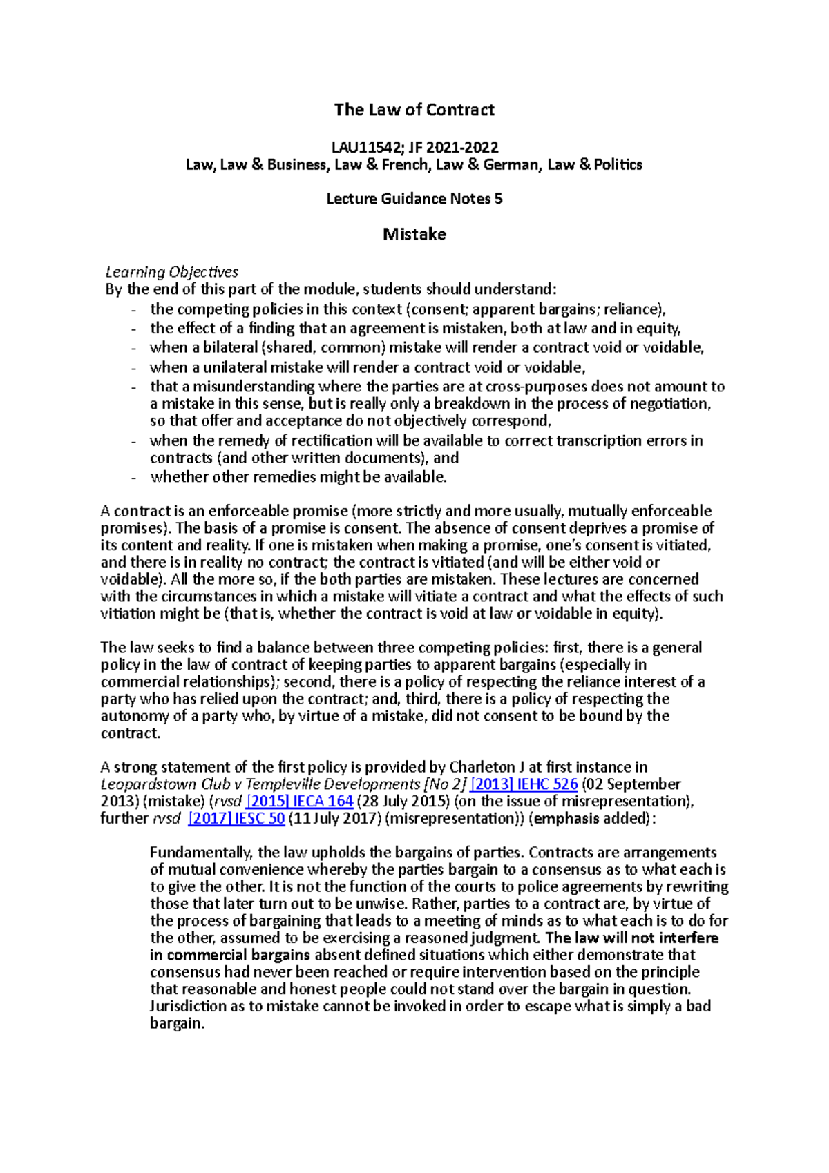 Lecture Guidance Notes 5 - Mistake - The Law of Contract LAU11542; JF ...