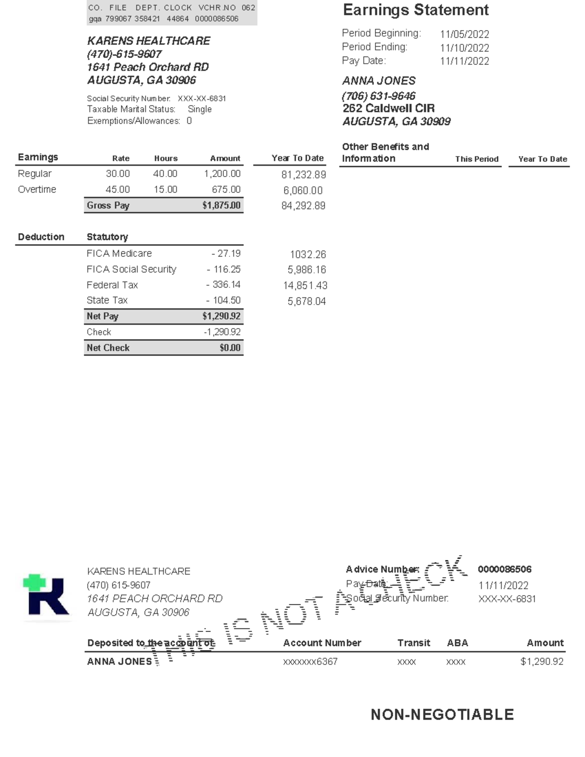 November check stubs - great info - 1641 PEACH ORCHARD RD AUGUSTA, GA ...