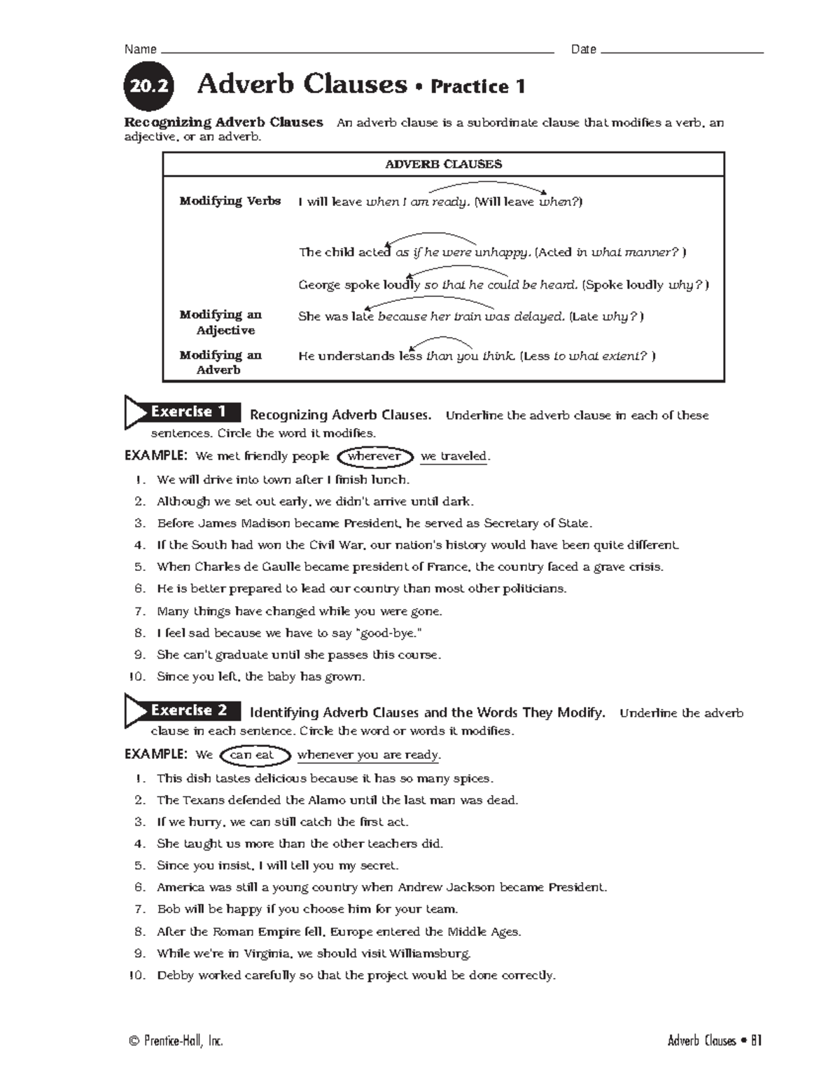 Exercises Of Adverb Clause Part 2 Name Date 20 Adverb Clauses • Practice 1 Recognizing Adverb 2315