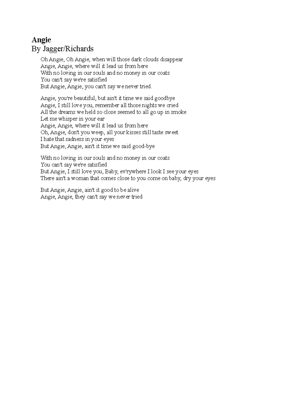 Angie Lyrics description translation Angie By Jagger/Richards Oh