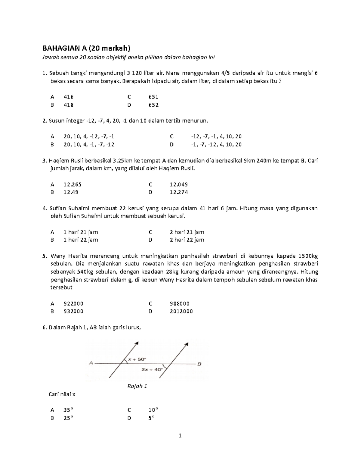 Trial Pt3 2019 Maths Pt3 Bahagian A 20 Markah Jawab Semua 20