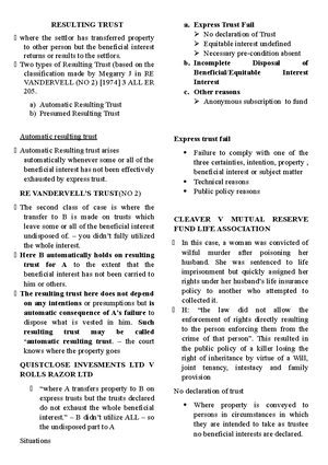 Resulting Trust Resulting Trust Where The Settlor Has Transferred Property To Other Person But Studocu