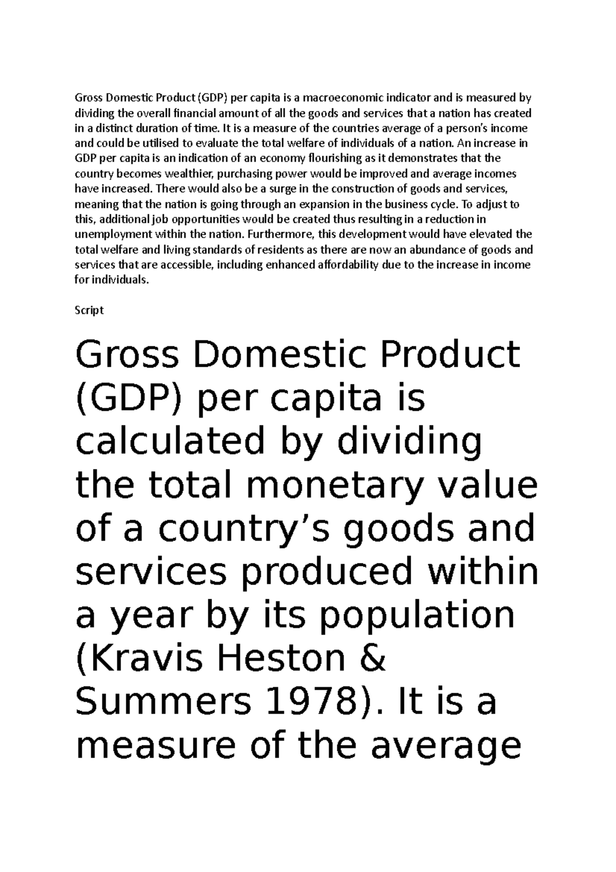 Assignment 1 macro - Gross Domestic Product (GDP) per capita is a ...