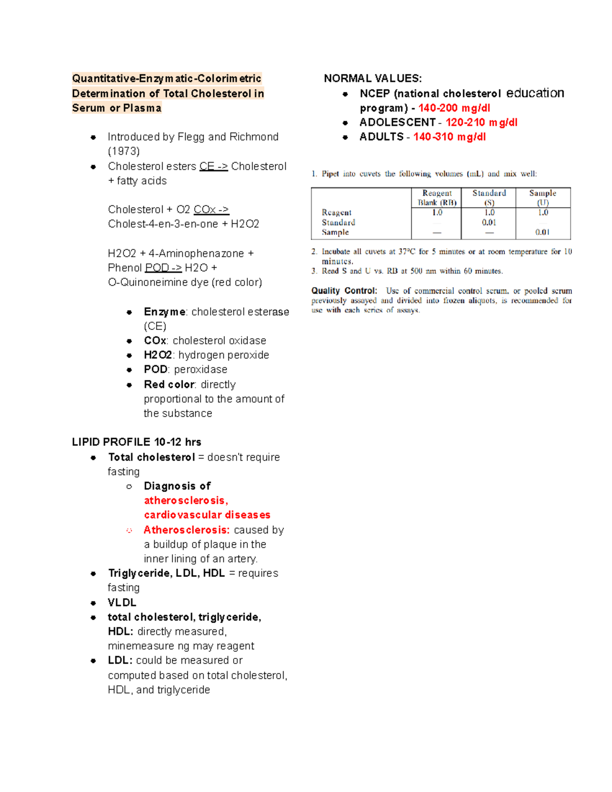 Notes FOR Total Cholesterol QuantitativeEnzymaticColorimetric Determination of Total