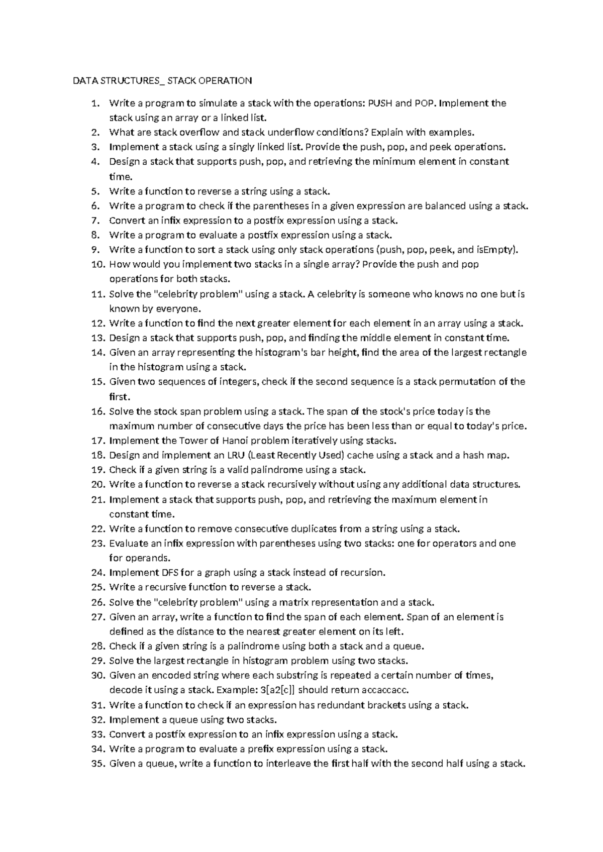 Stack Application Question - DATA STRUCTURES_ STACK OPERATION Write a ...