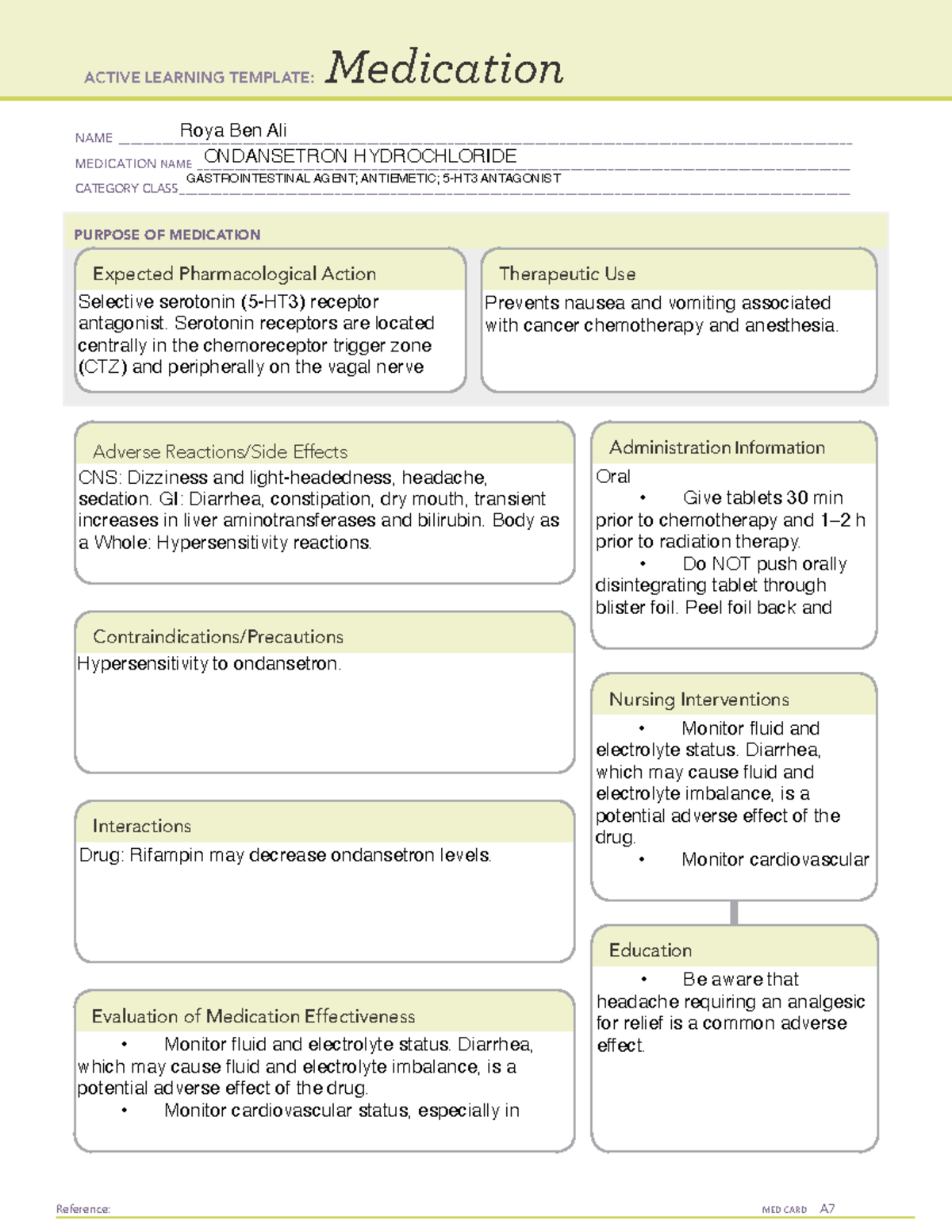 Ondansetron Medication template Reference MED CARD A Medication