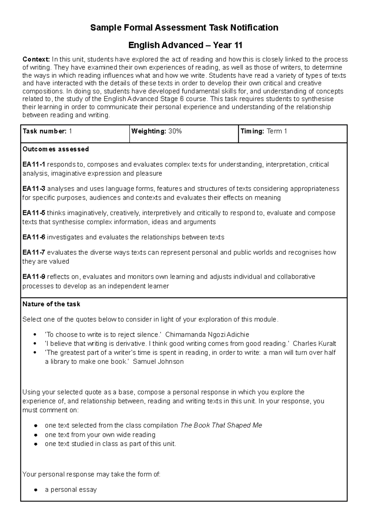 Yr 11 reading to write advanced sample assessment task b Sample