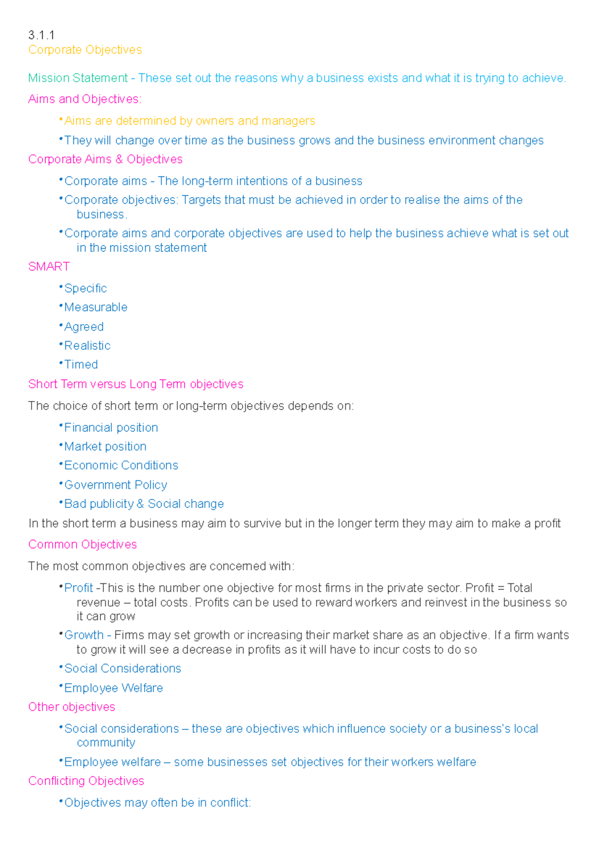 Edexcel A- Level Business Theme 3 - 3. Corporate Objectives Mission ...