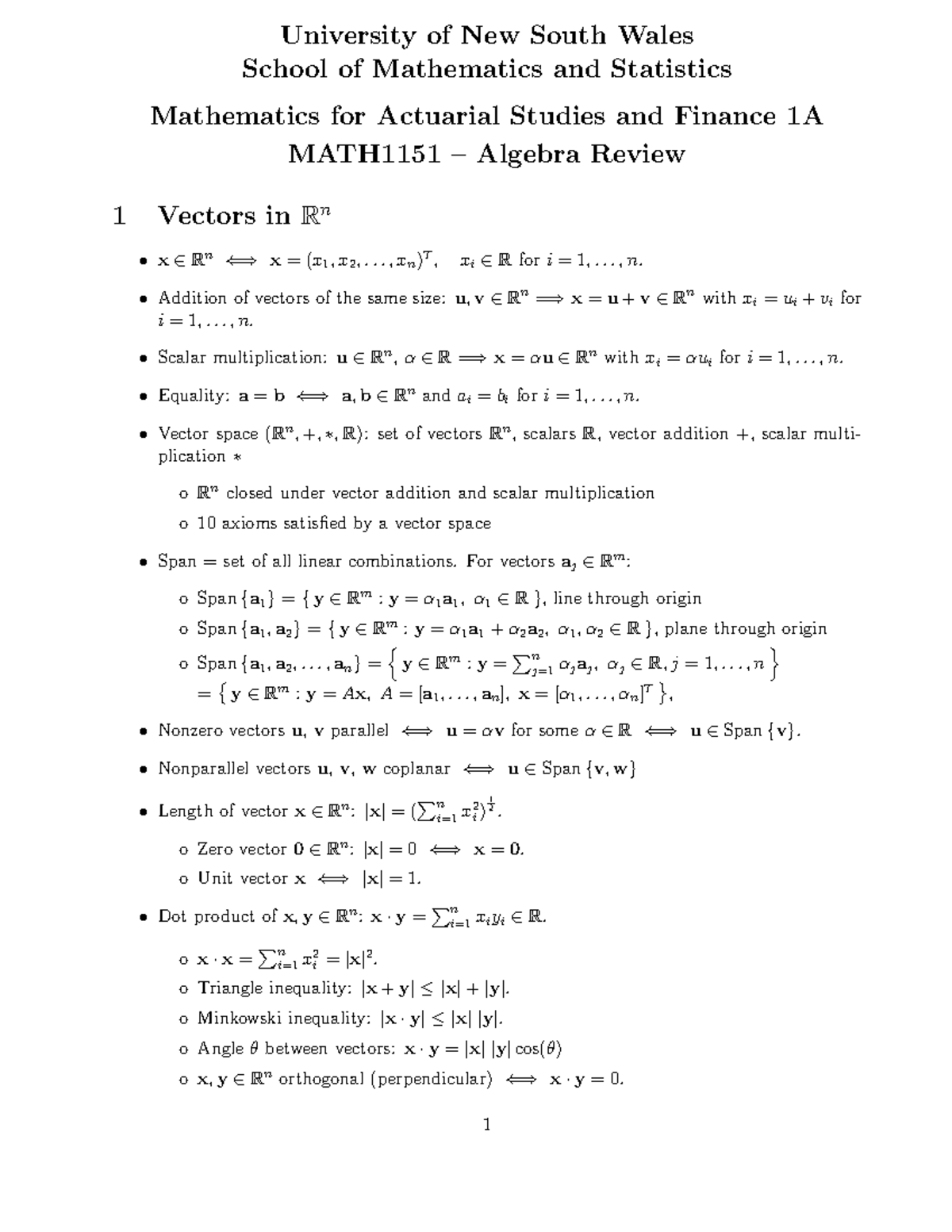 Algebra Notes Lecturer - University of New South Wales School of ...