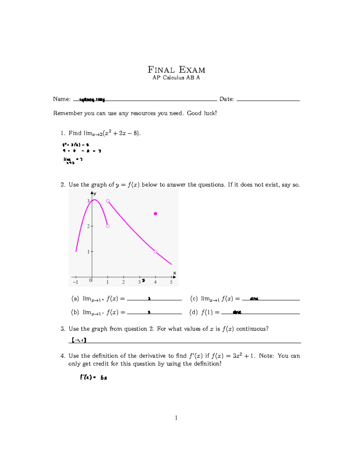 Final Exam AP Calculus AB Semester 1 - Final Exam AP Calculus AB A Name ...