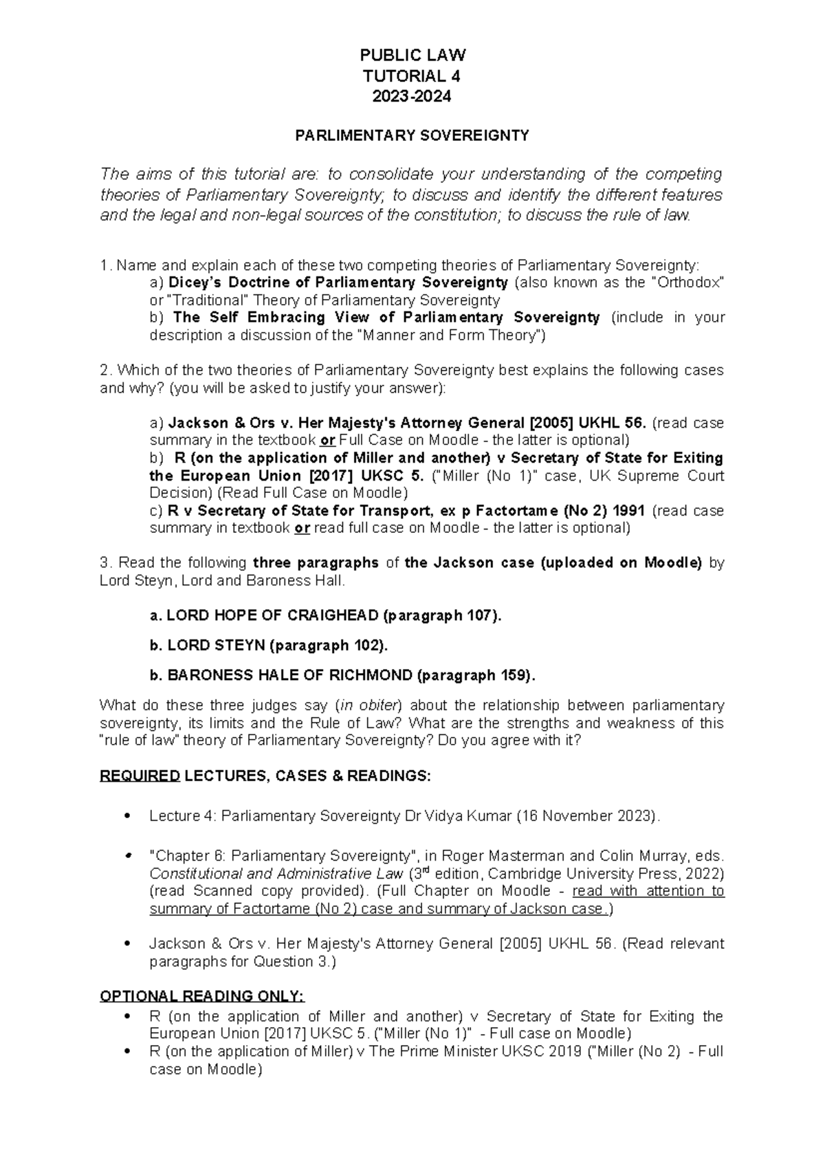 SOAS Public Law Tutorial 4 (2023-2024) Final - PUBLIC LAW TUTORIAL 4 ...