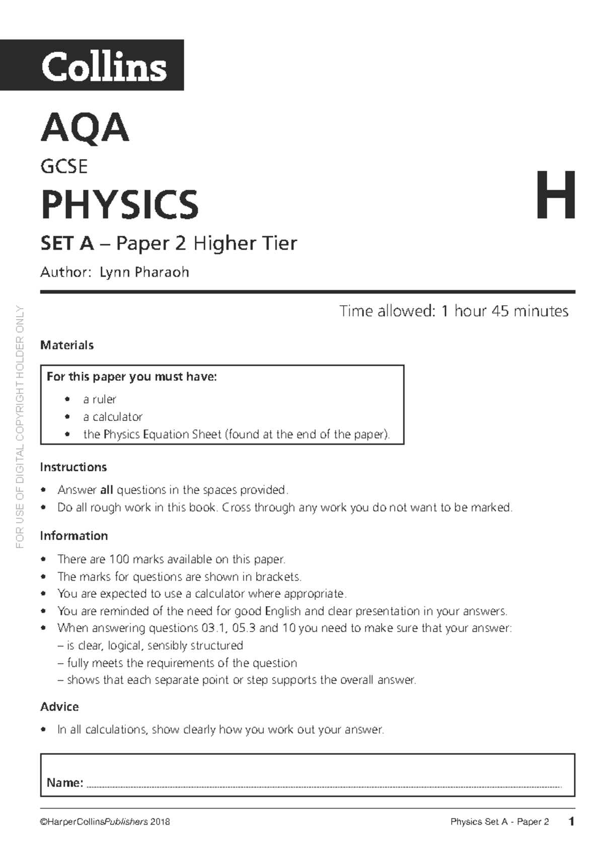 2 Collins GCSE AQA Physics Higher Set A Paper 2 02184 - Name: GCSE ...