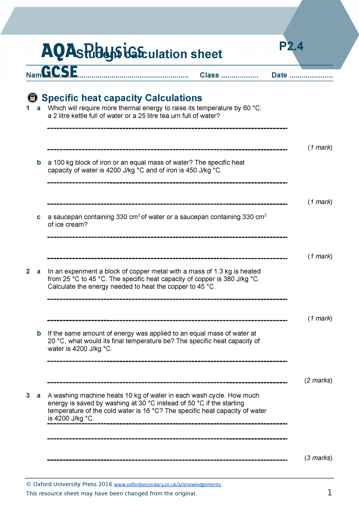 specific heat capacity experiment gcse aqa