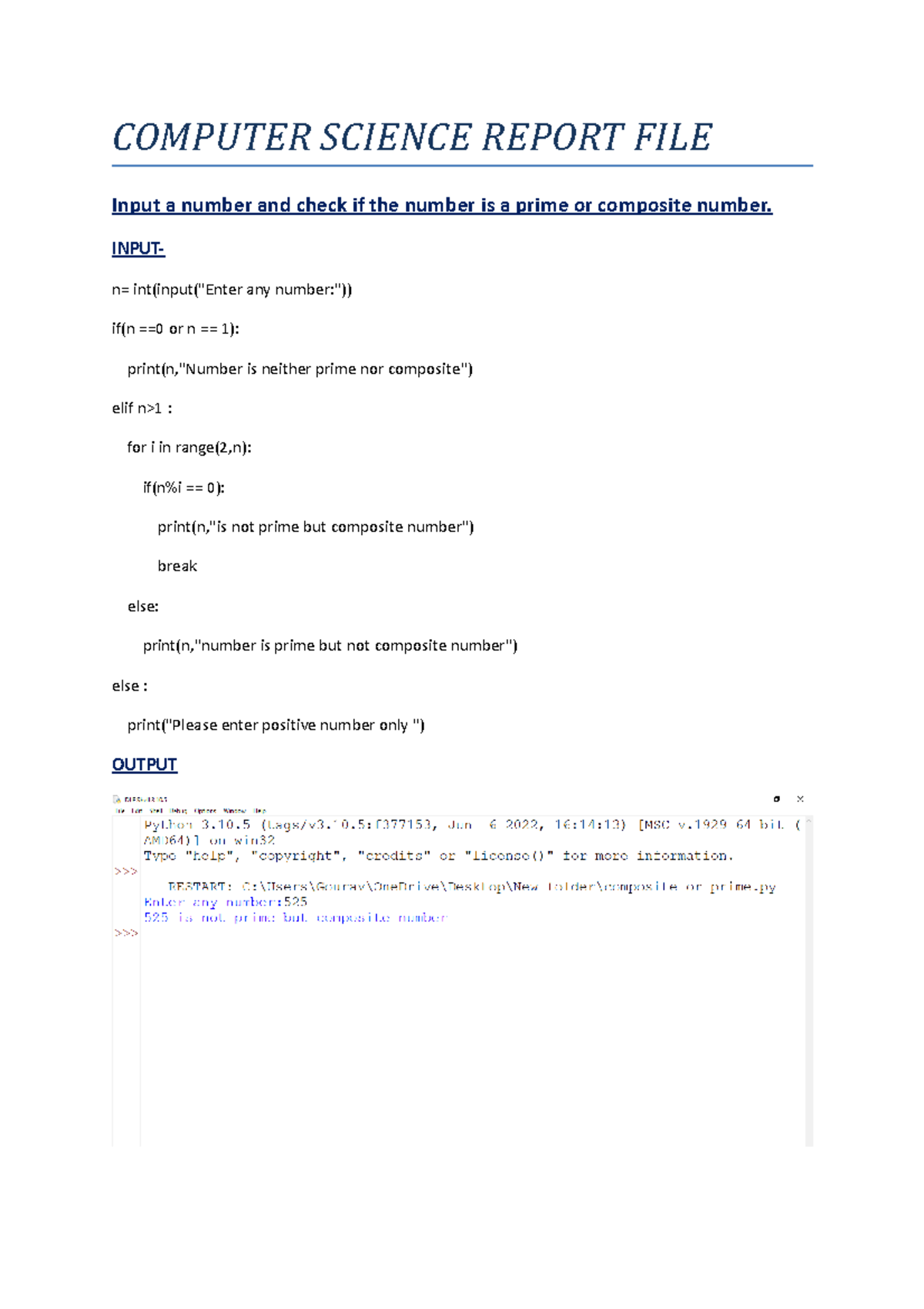 Computer Science Report FILE - COMPUTER SCIENCE REPORT FILE Input a ...