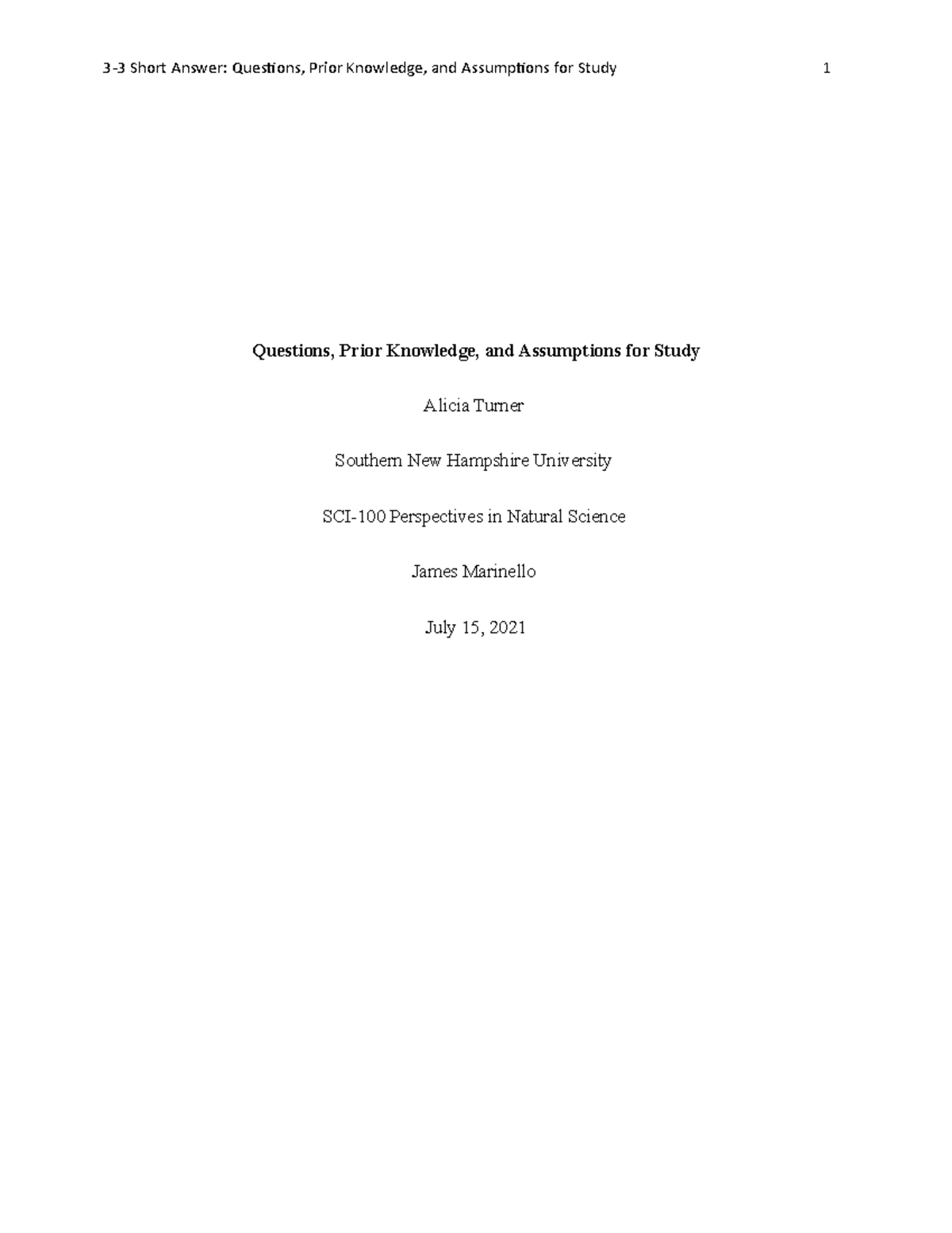 SCI 100 3 3 Short Answer - 3-3 Short Answer: Questions, Prior Knowledge ...