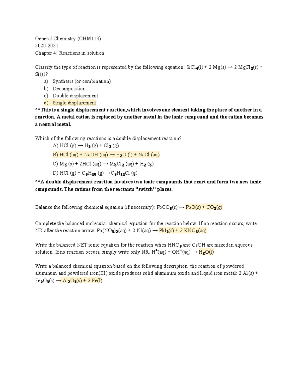 chemistry 101 chapter 4 homework answers