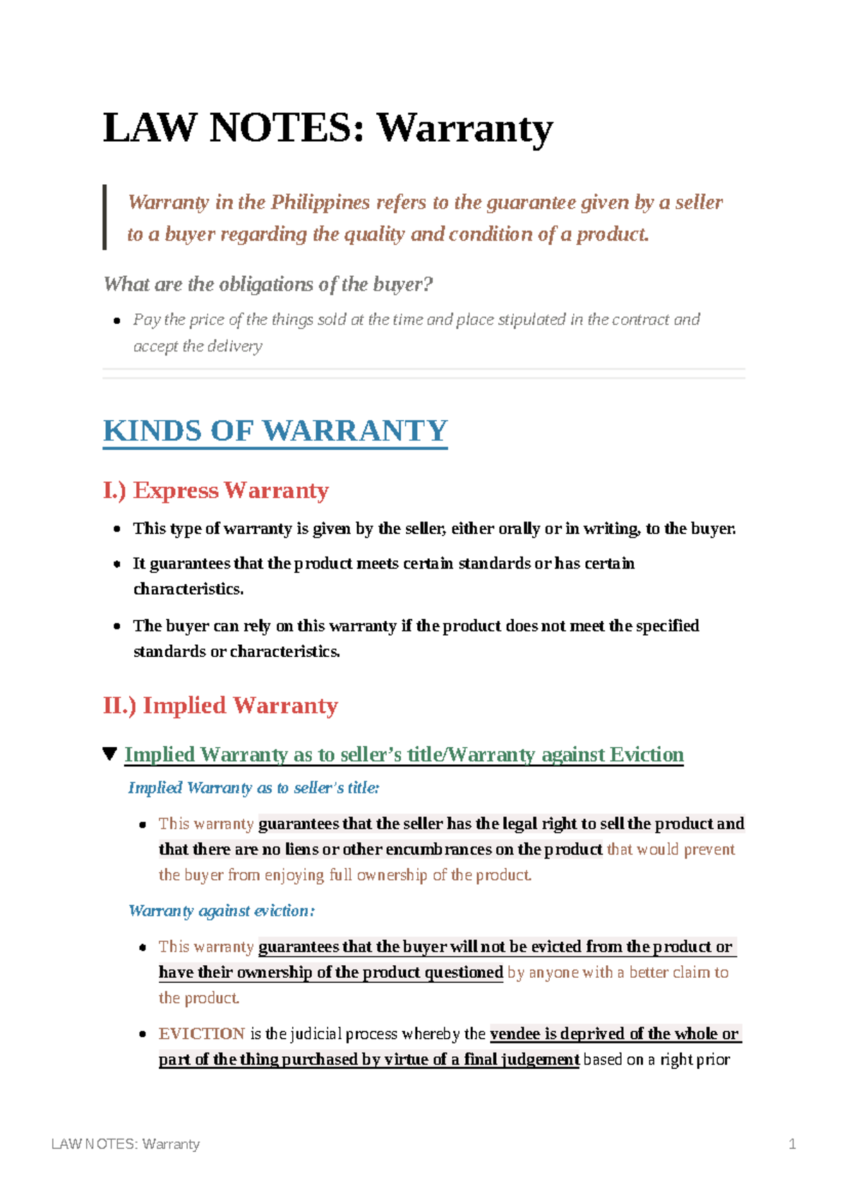 LAW Notes Warranty LAW NOTES Warranty Warranty in the Philippines