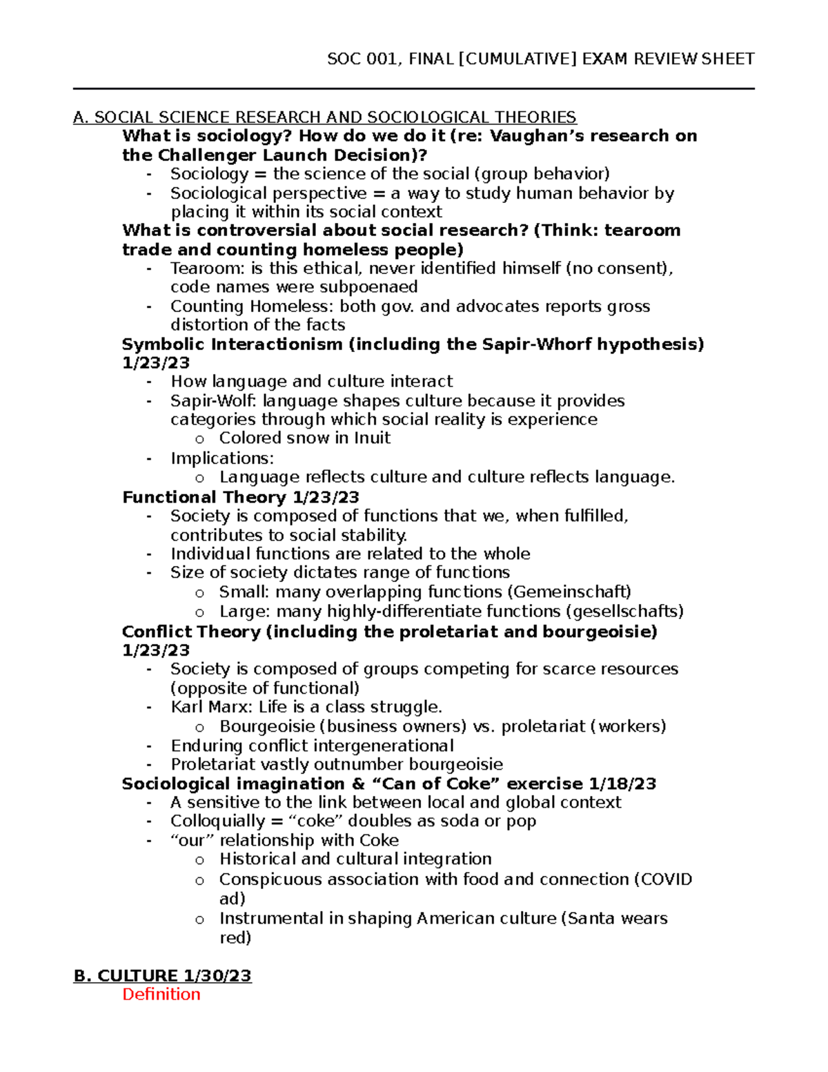 Review Sheet Final - SOC 001, FINAL [CUMULATIVE] EXAM REVIEW SHEET A ...