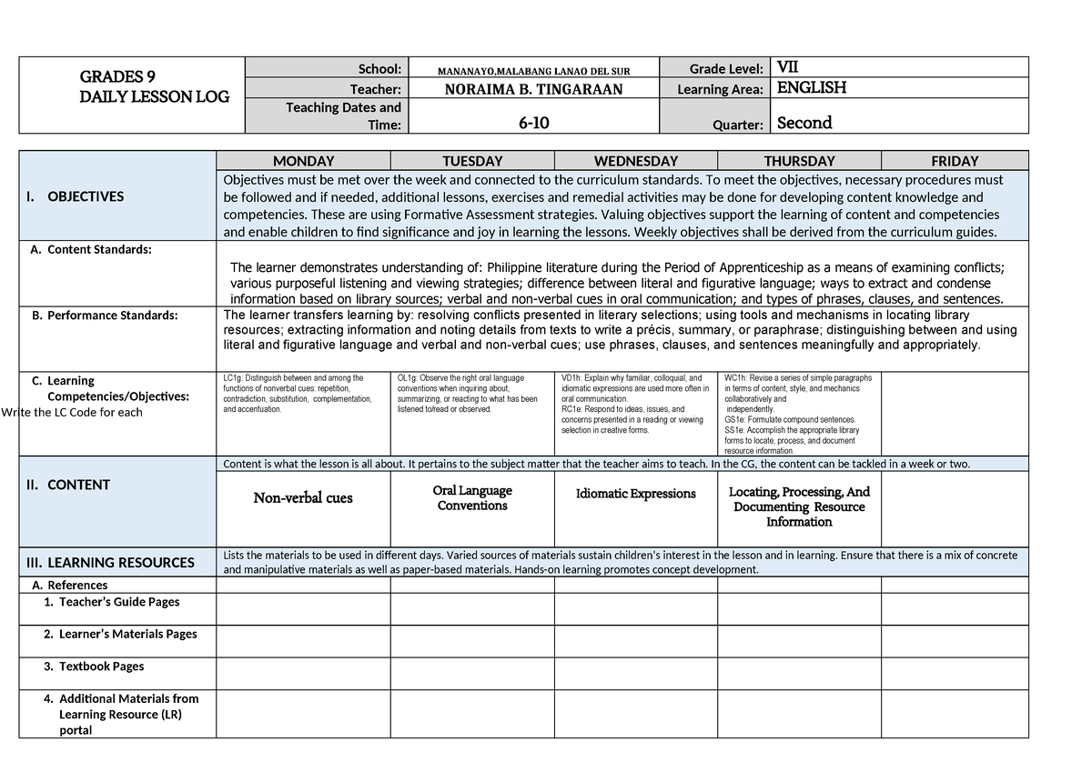 DLL-2nd Quarter wk10 - This is an English DLL. - GRADES 9 DAILY LESSON ...