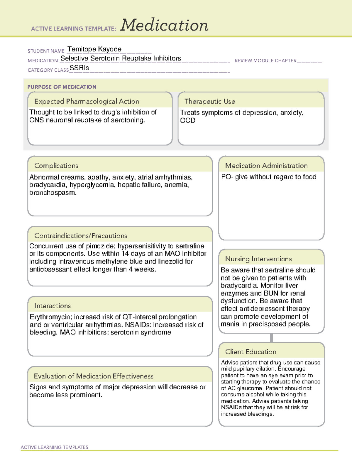 SSRIs - ACTIVE LEARNING TEMPLATES Medication STUDENT NAME