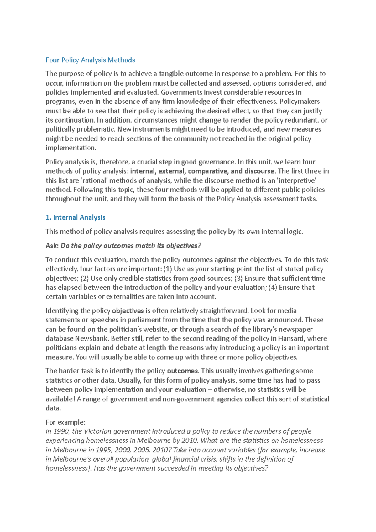 Four Policy Analysis Methods - For this to occur, informaion on the ...