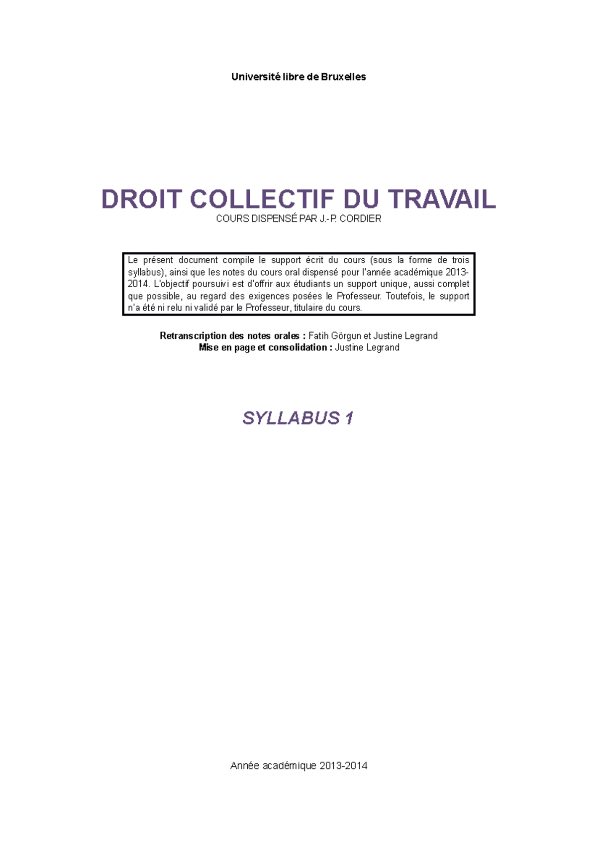 Syllabus 1ère partie droit collectif du travail - Université libre de ...