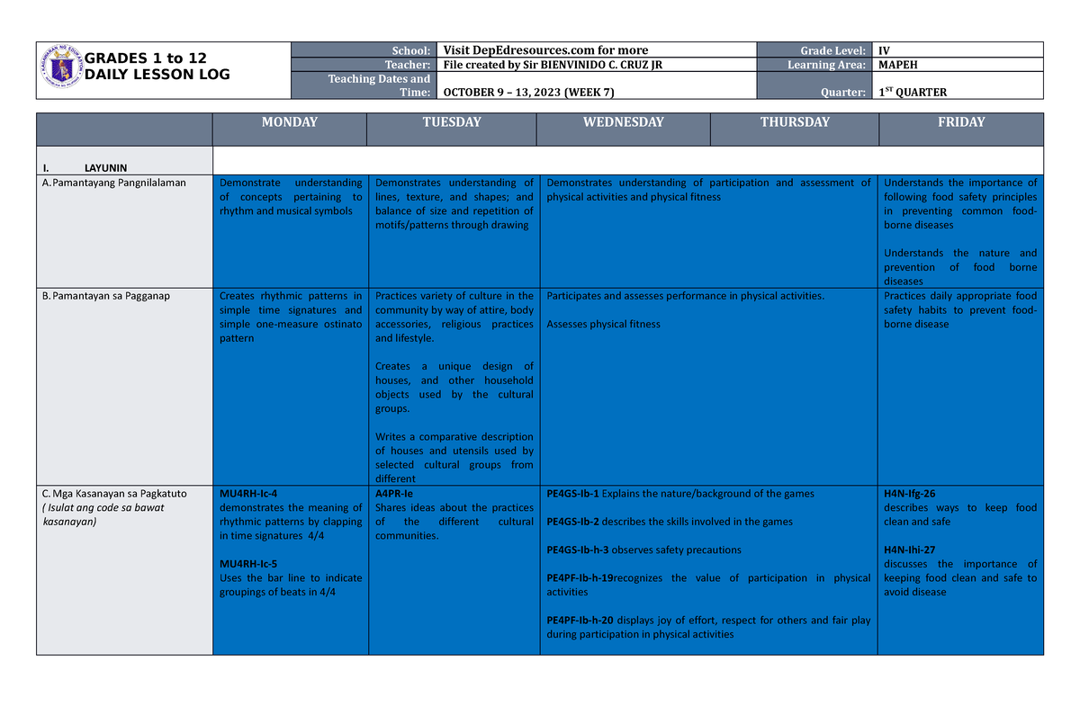 DLL Mapeh 4 Q1 W7 - Daily Lesson Log For Teachers - GRADES 1 To 12 ...