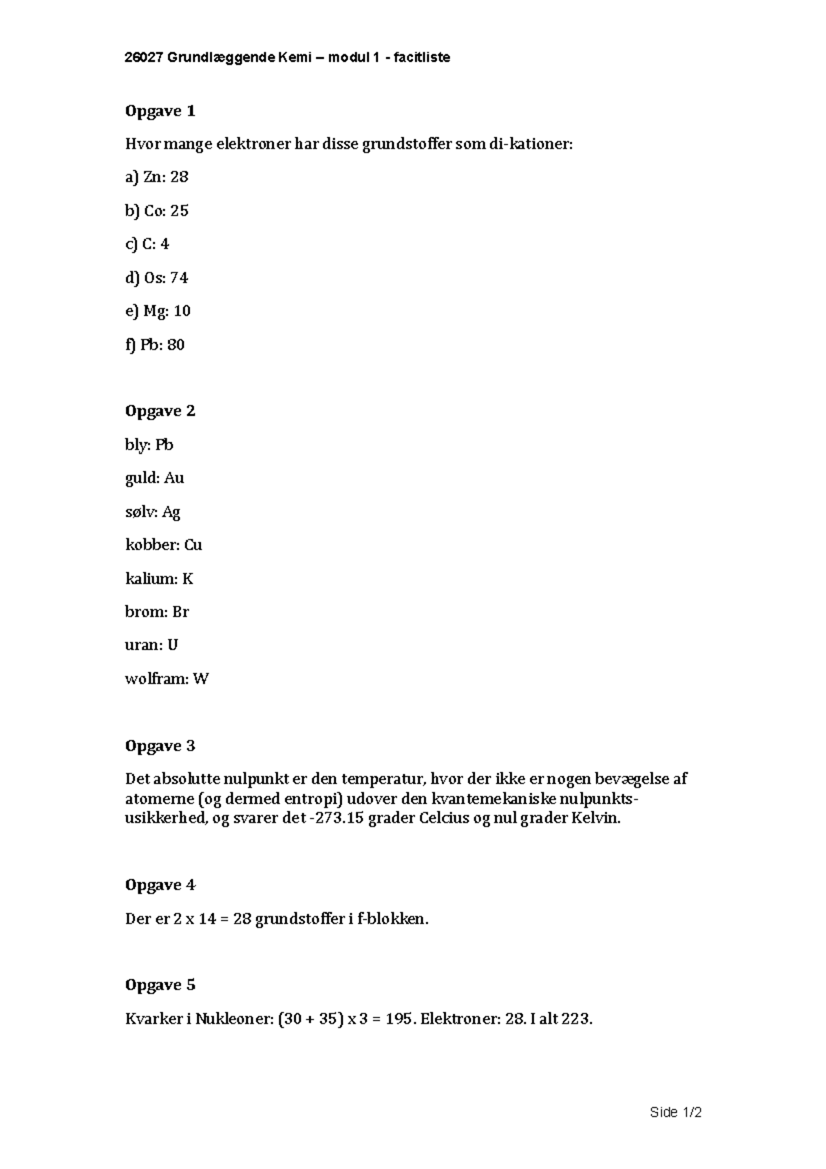 Modul 1 Facitliste - Grundlæggende Kemi Facit - 26027 Grundlæggende ...