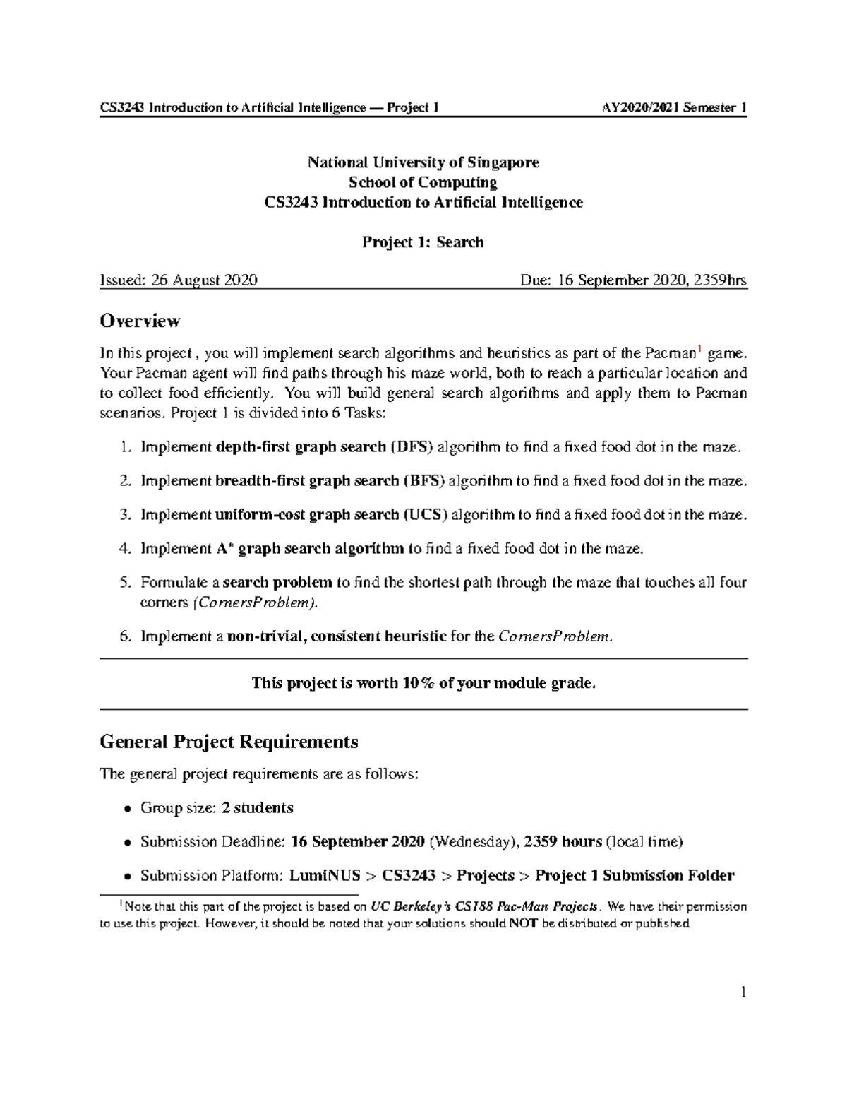 CS3243 Project 1 - Search (Pac-Man) - National University Of Singapore ...