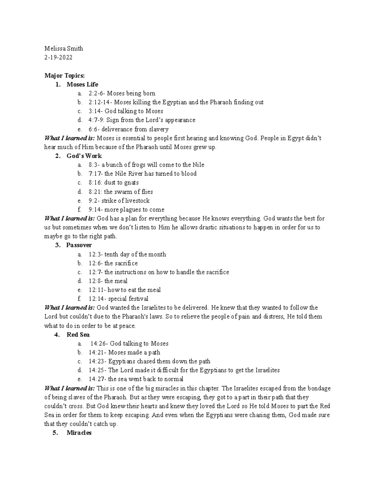 Exodus Worksheet - Melissa Smith 2-19- Major Topics: 1. Moses Life a. 2 ...