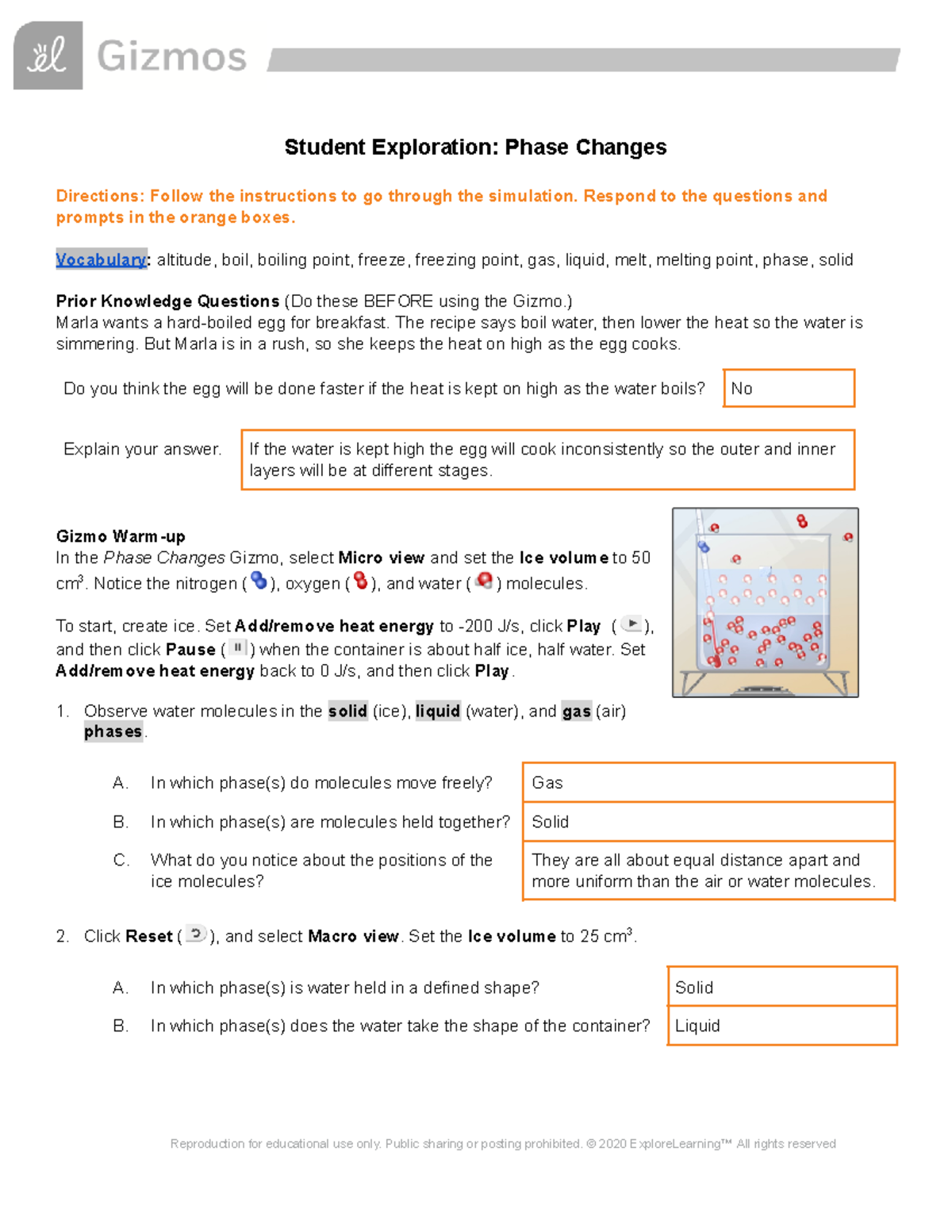 Gizmos Phase Changes HC - Student Exploration: Phase Changes Directions ...