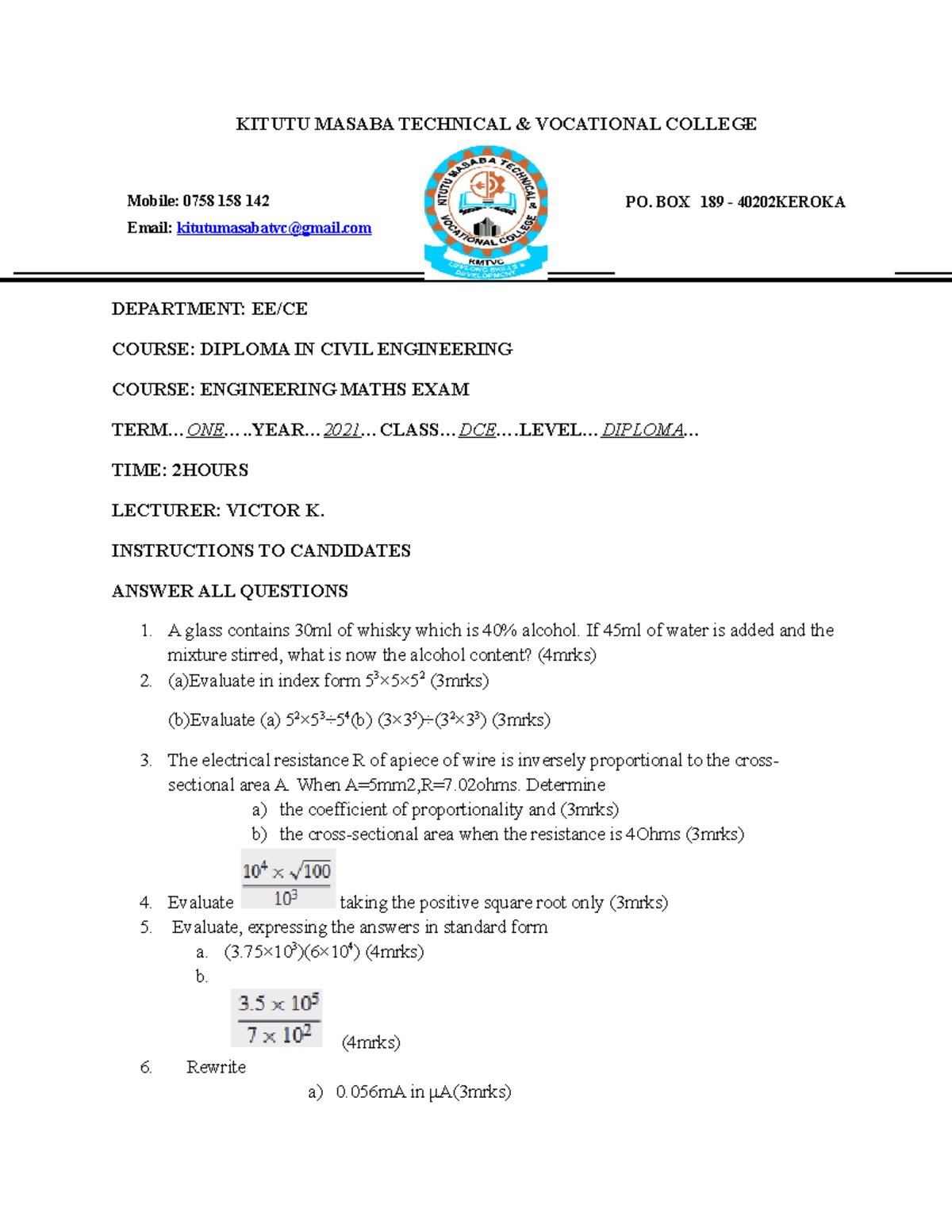 Maths DCE ex - electrical engineering - KITUTU MASABA TECHNICAL ...