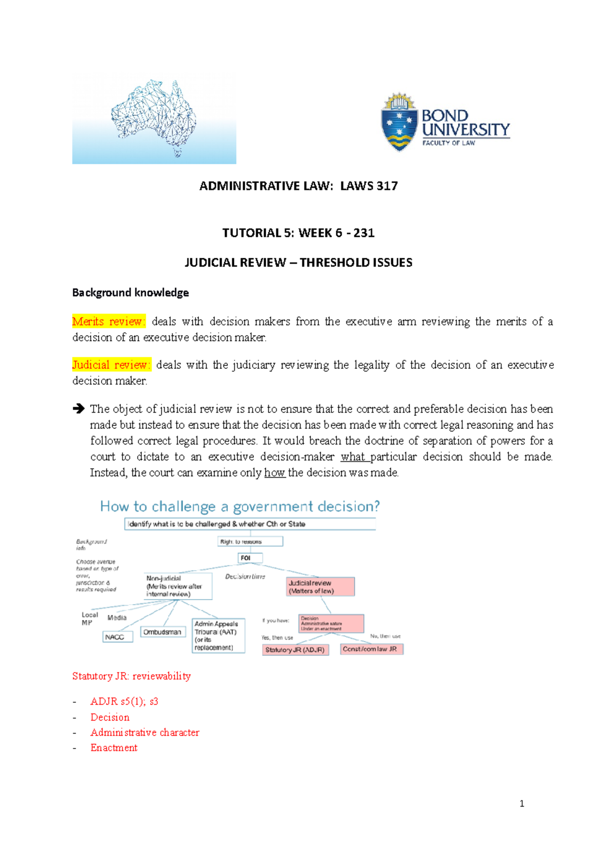 231 Tutorial 5 Wk 6 JR Threshold ADMINISTRATIVE LAW LAWS 317