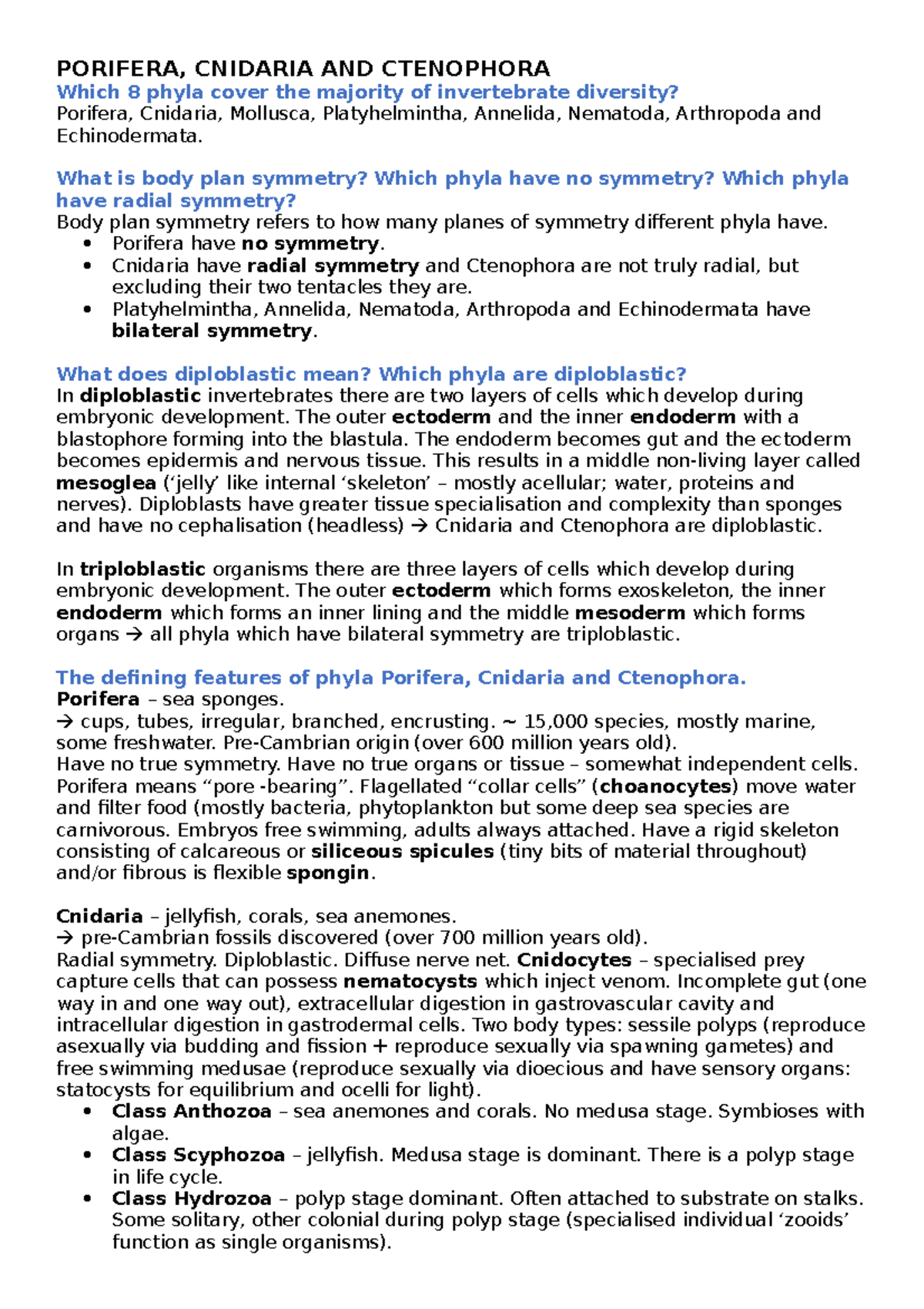 Porifera, Cnidaria and Ctenophora - Zoology BIOL2021 - PORIFERA ...