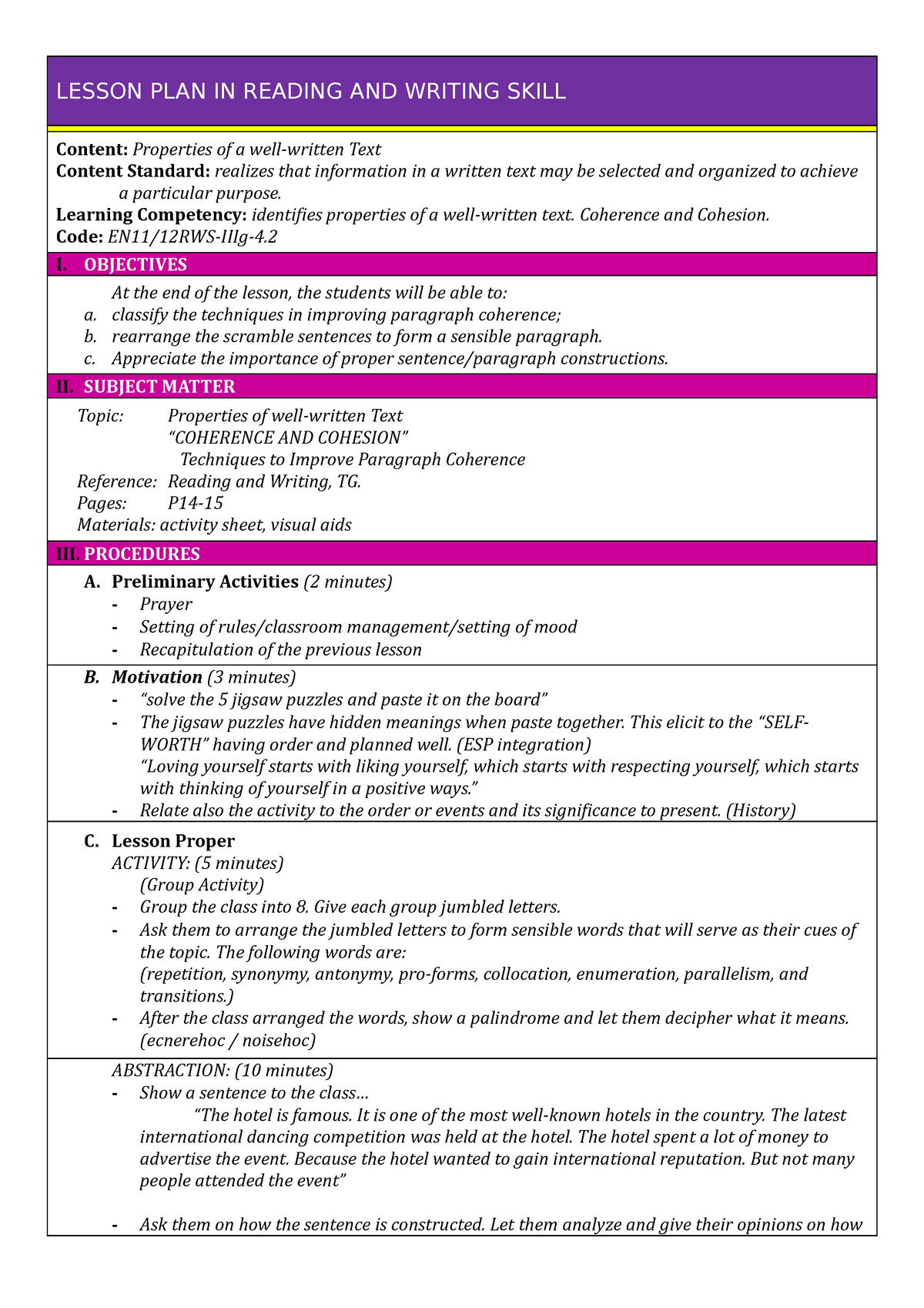 Lesson PLAN IN Reading AND Writing Skill Properties Of A Well Written   Thumb 1200 1698 