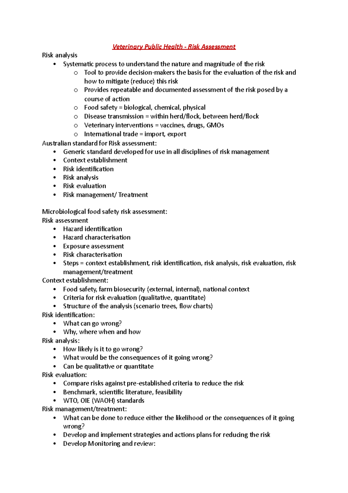 Veterinary Public Health - List potential hazards 2. Likelihood of the ...