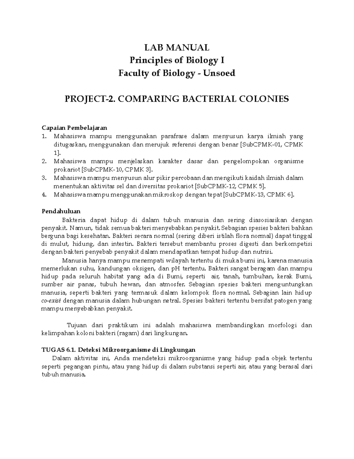 Lab Manual Project-2 Comparing Bacterial Colonies - LAB MANUAL ...