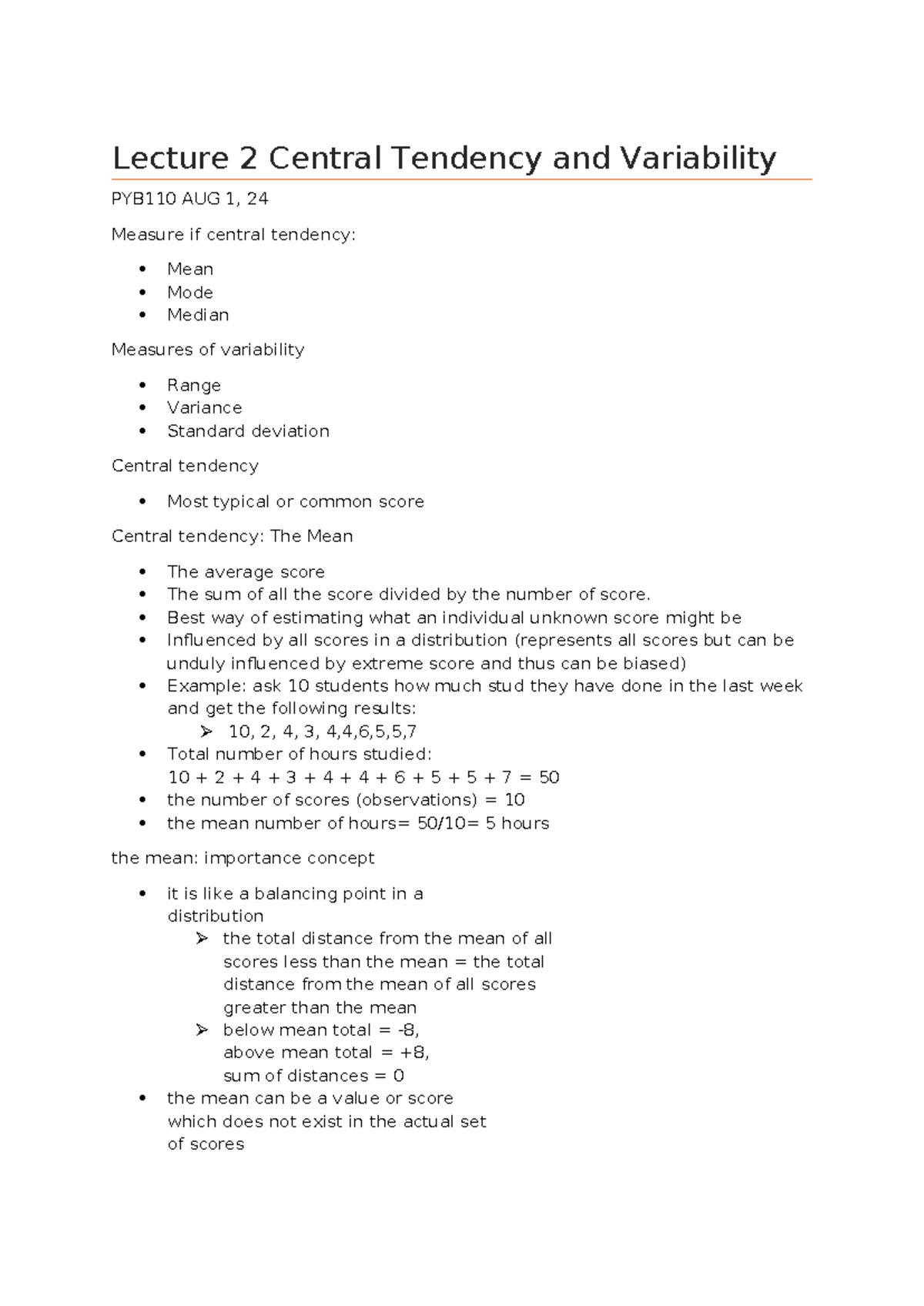 Lecture 2 - ,,, - Lecture 2 Central Tendency and Variability PYB110 AUG ...