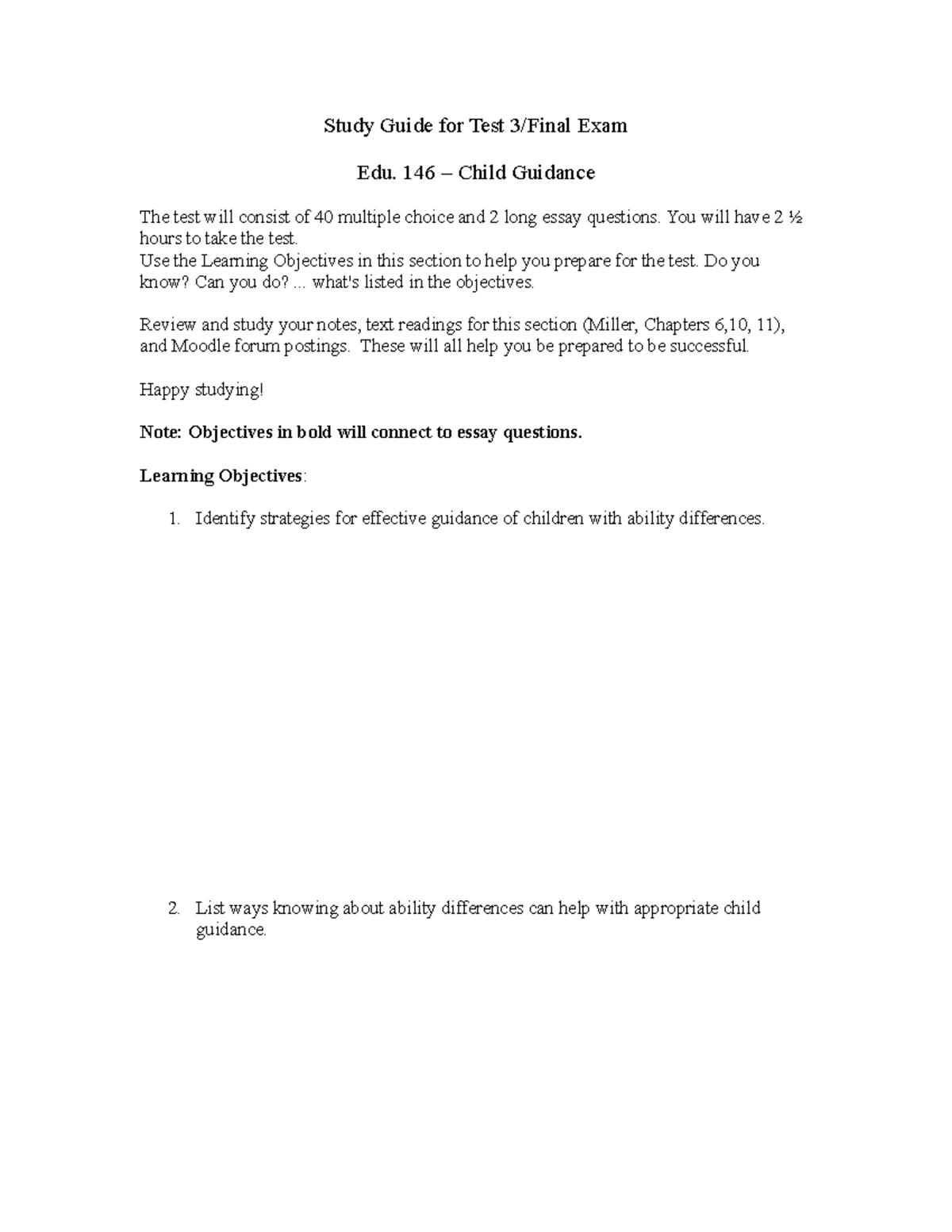 Study Guide for Test 3 146 Child Guidance The test will consist of