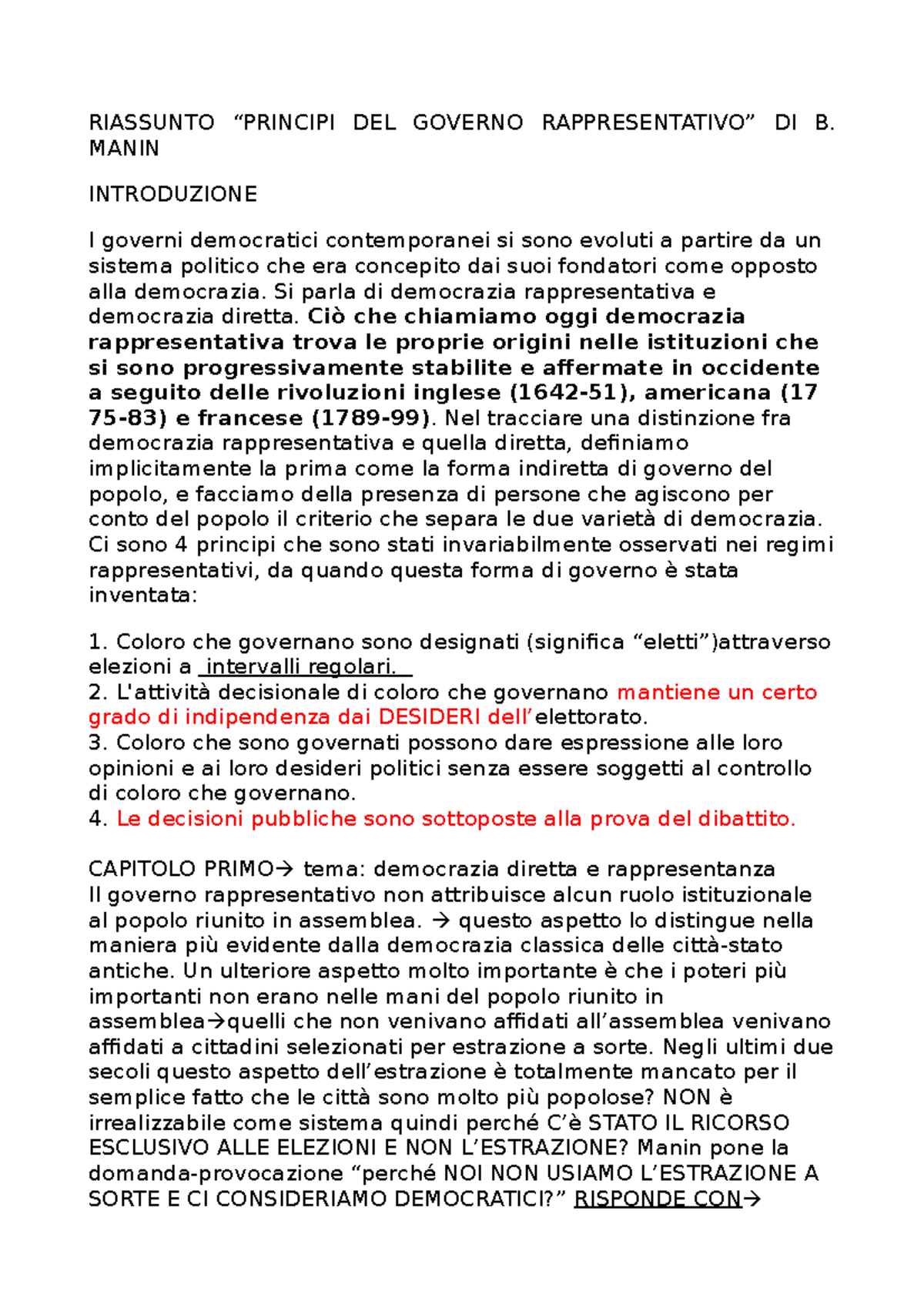 Riassunto Manin - RIASSUNTO “PRINCIPI DEL GOVERNO RAPPRESENTATIVO” DI B ...