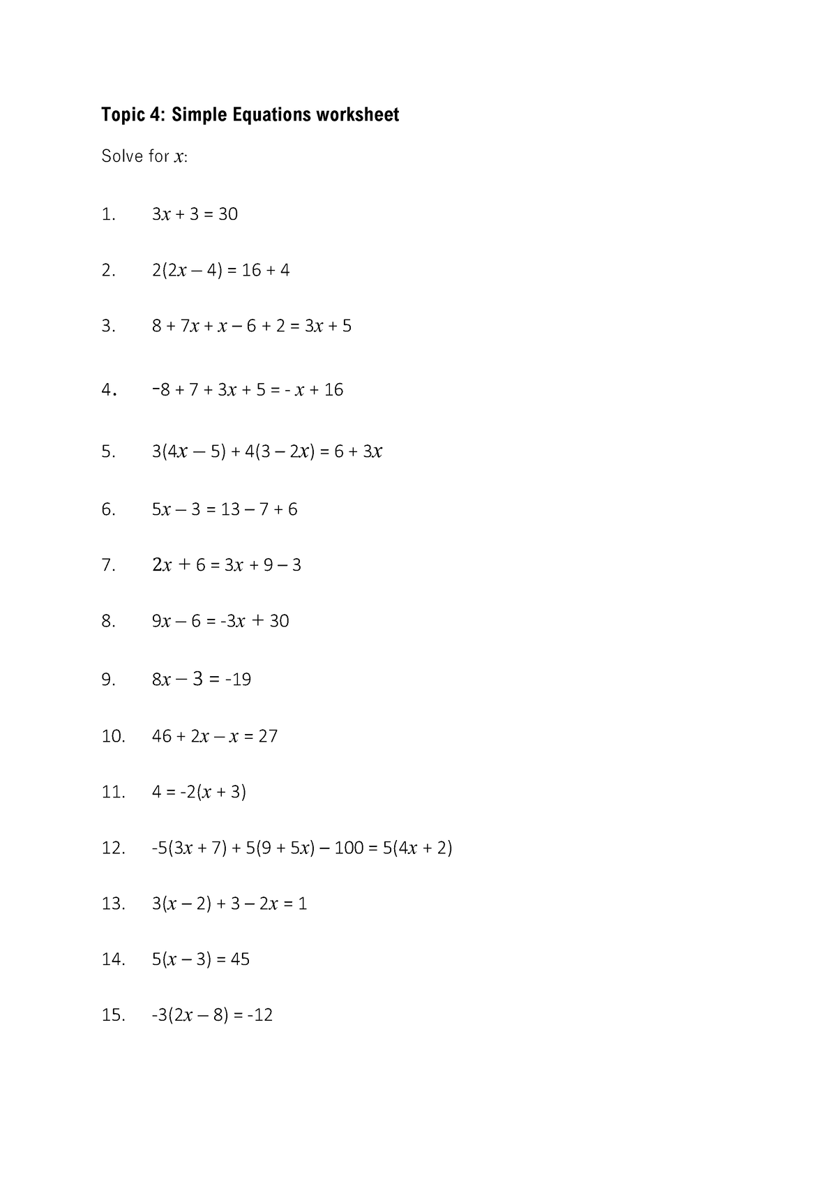 Topic 4 Simple Equations Worksheet Topic 4 Simple Equations