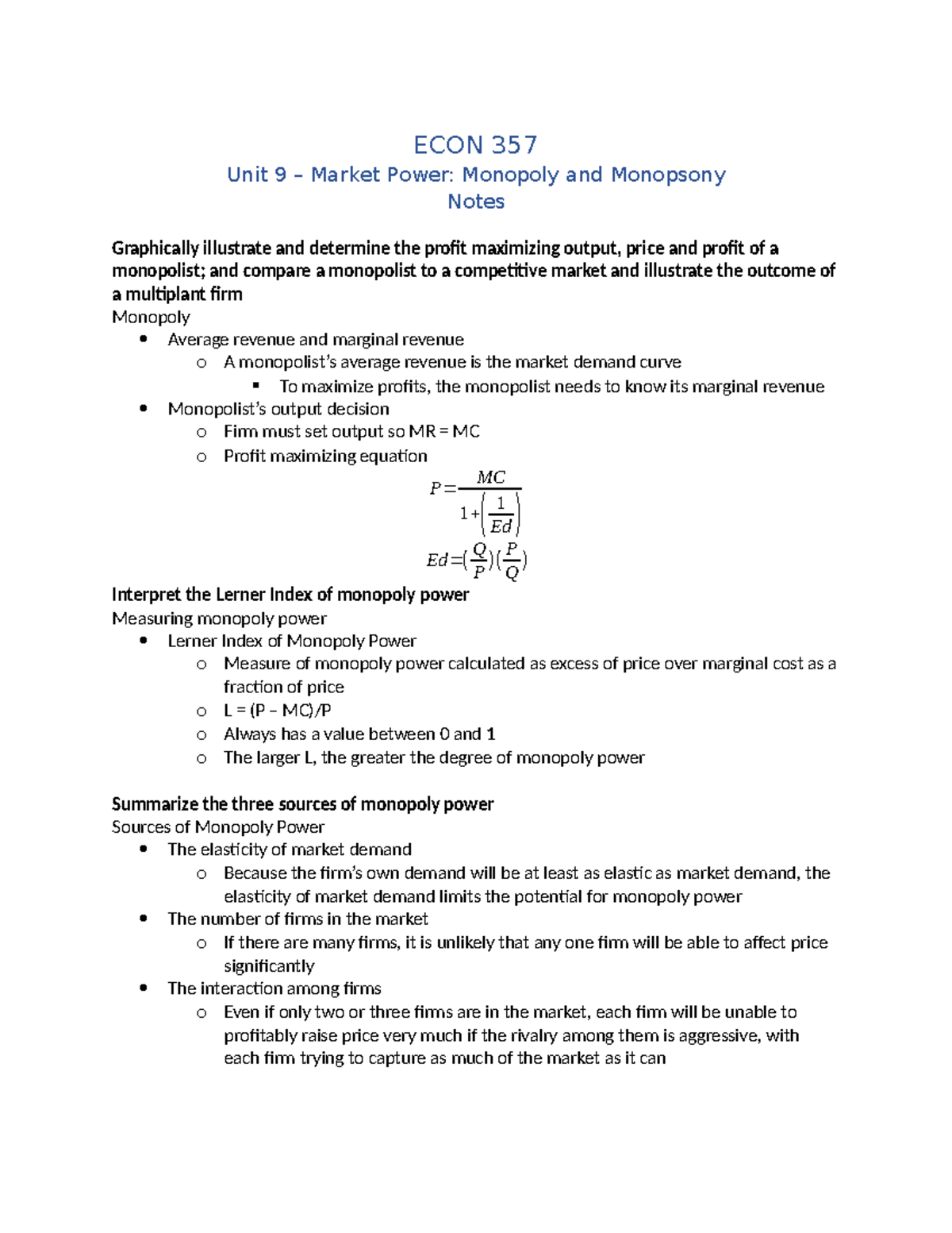 Unit 9 – Market Power- Monopoly and Monopsony - ECON 357 Unit 9 ...