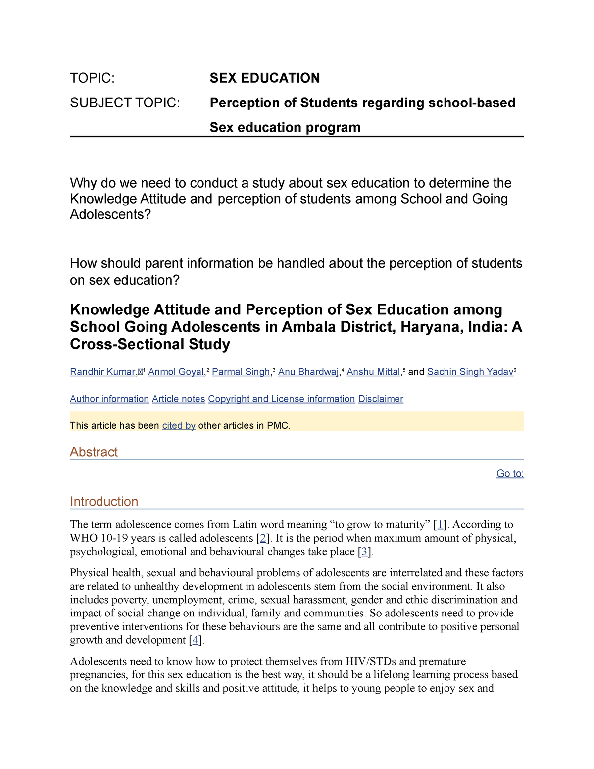 Study about Sex Education - TOPIC: SUBJECT TOPIC: SEX EDUCATIONPerception  of Students regarding - Studocu