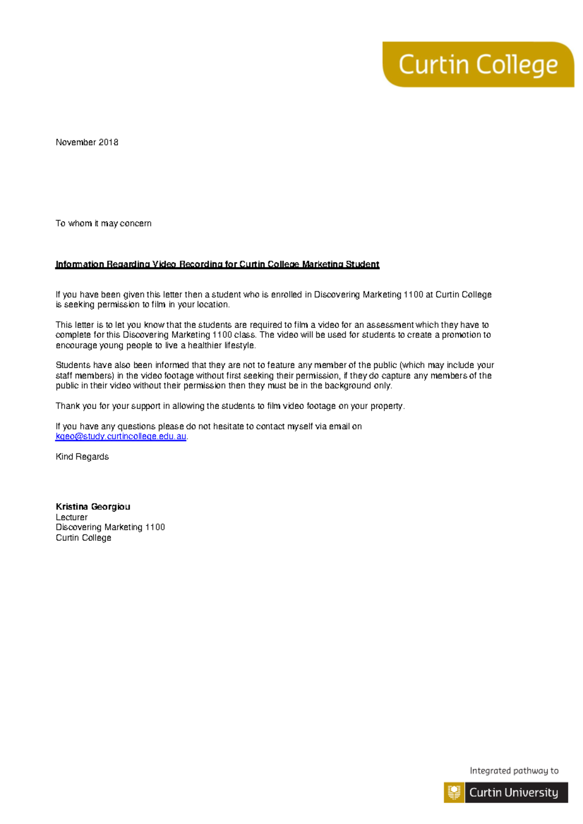 Promotion Presentation Information Letter November 2018 To Whom It 