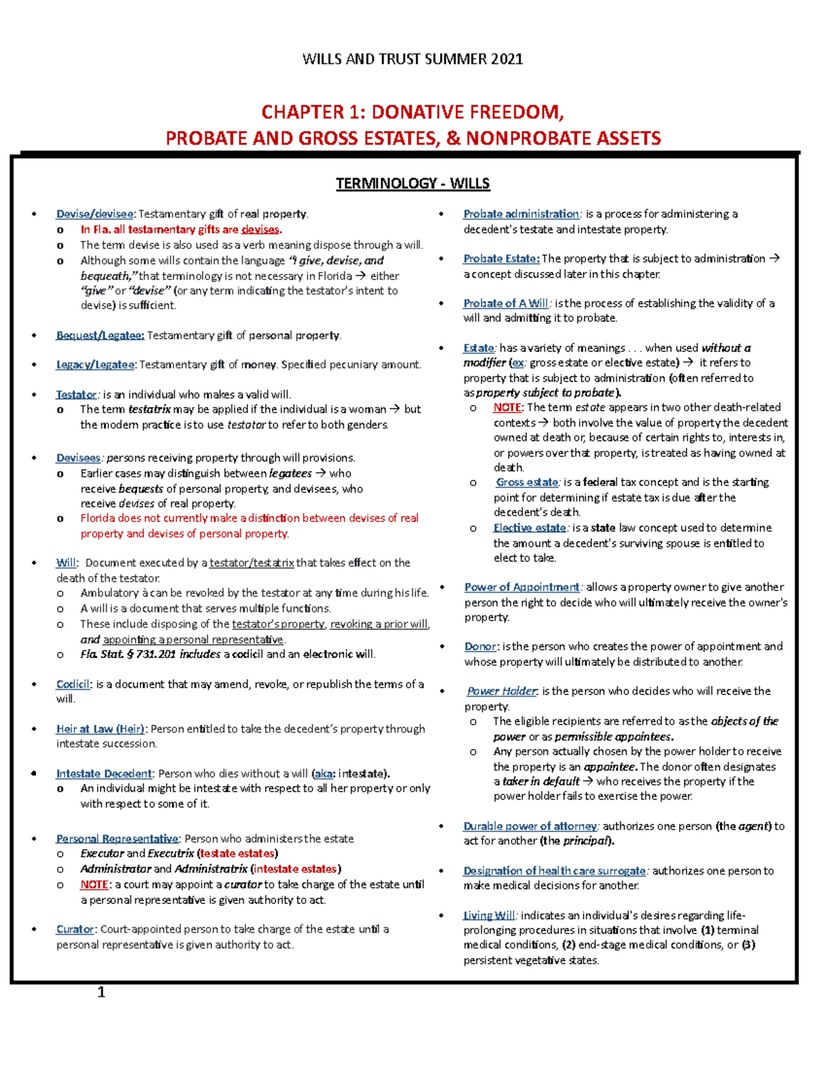 W&T Final Outline class 1-10 - CHAPTER 1: DONATIVE FREEDOM, PROBATE AND  GROSS ESTATES, &amp; - StuDocu