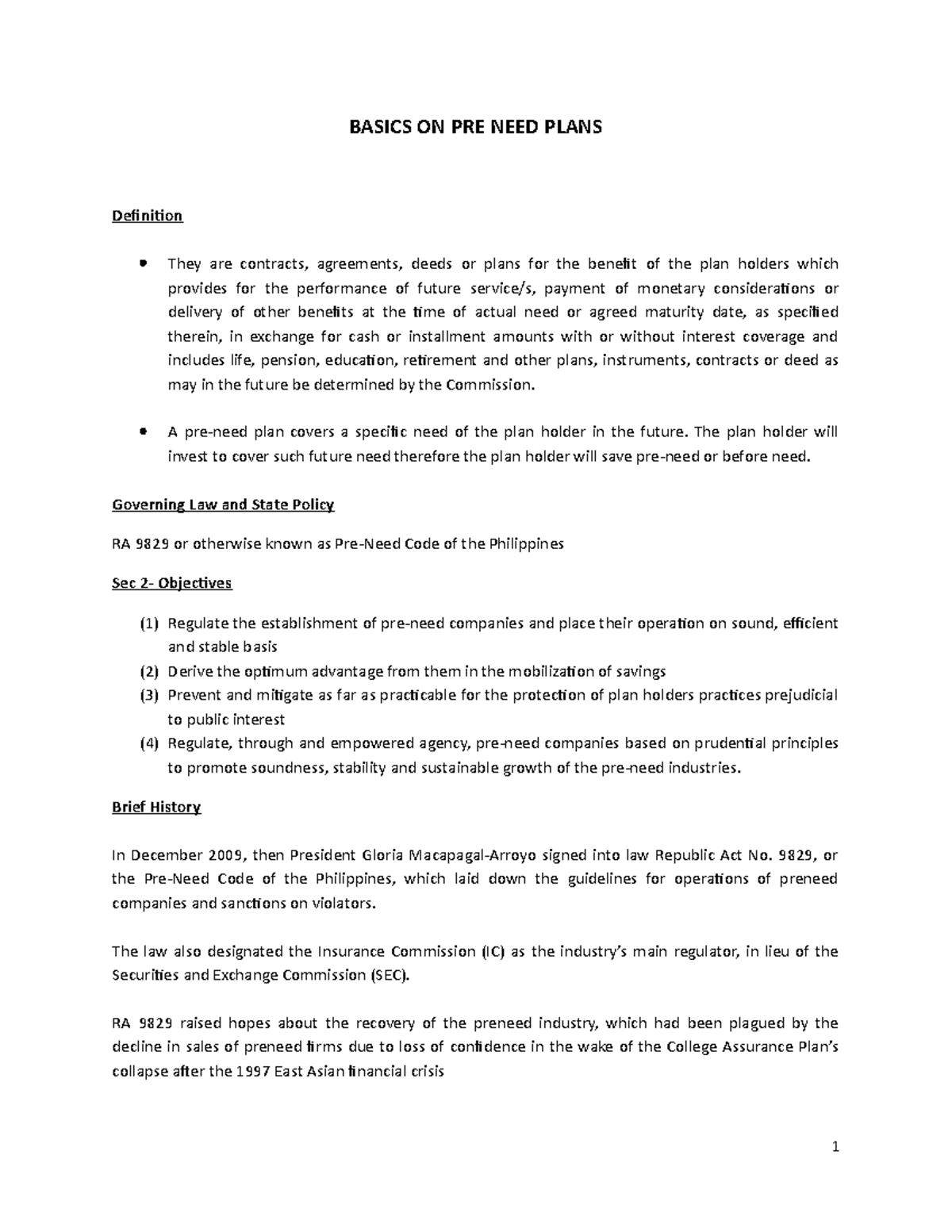 Basic on PreNeed Plans BASICS ON PRE NEED PLANS Definition They are