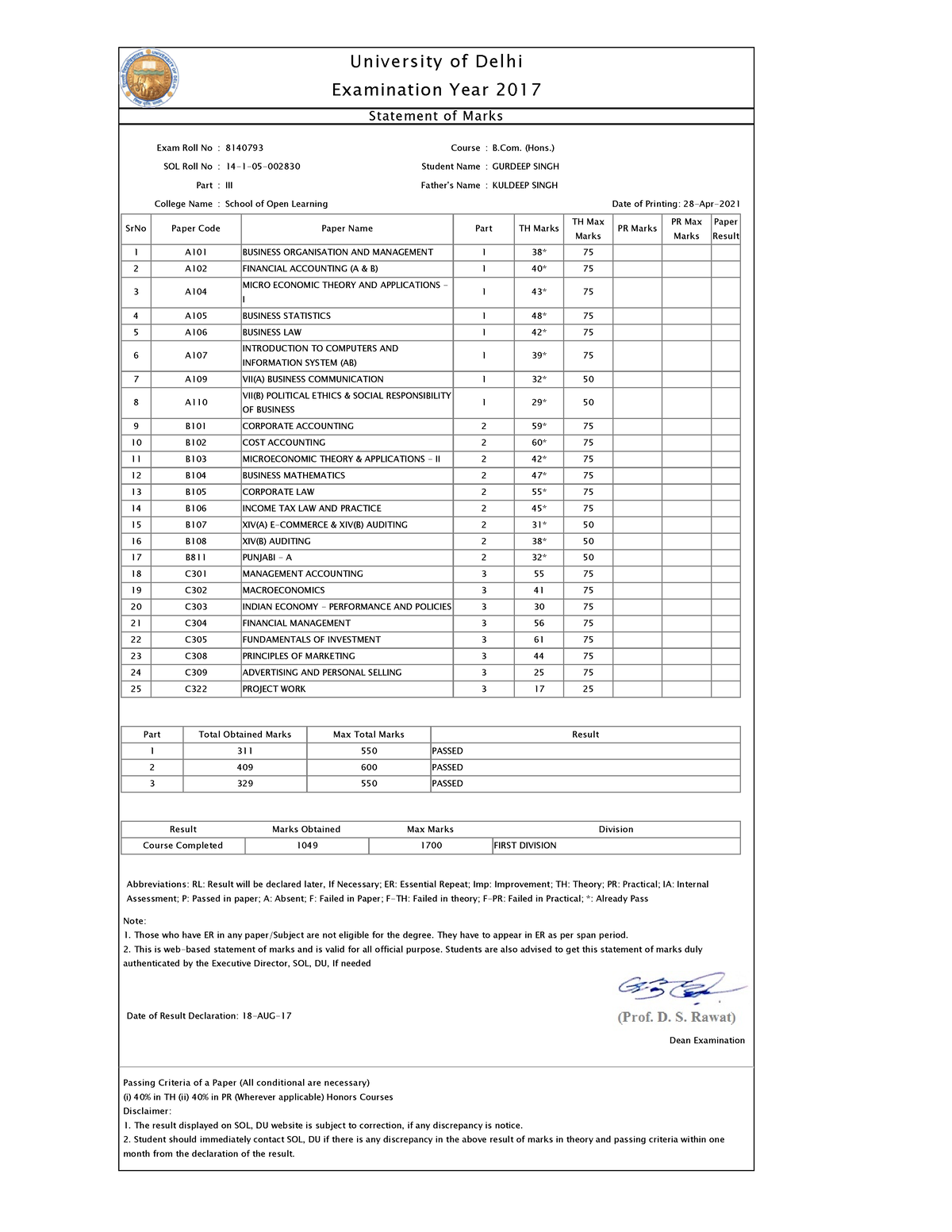 Bcom(H) Third Year - University Of Delhi Examination Year 2017 ...