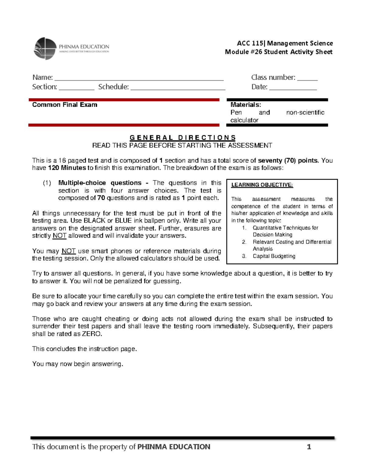 SAS26 ACC115 Common Final Exam 1 - Module #26 Student Activity Sheet ...